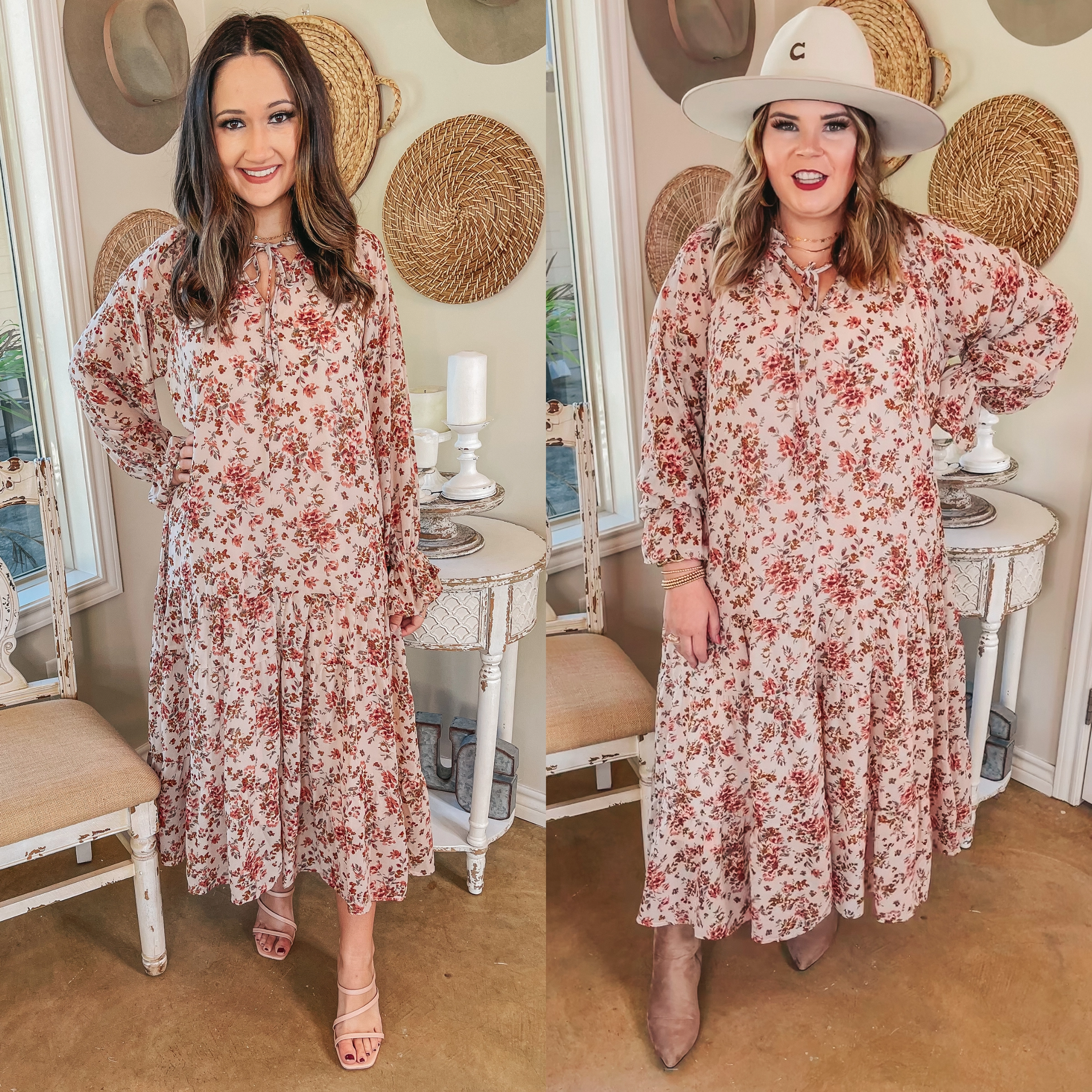 Tuscan Nights Long Sleeve High Neck Floral Midi Dress in Ivory Relaxation Wear QuickDryingTech