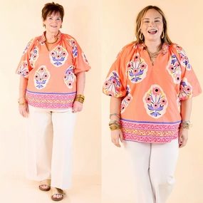 Twirling Tulips Floral Print A-line Top in Coral And Purple Elasticated Trim