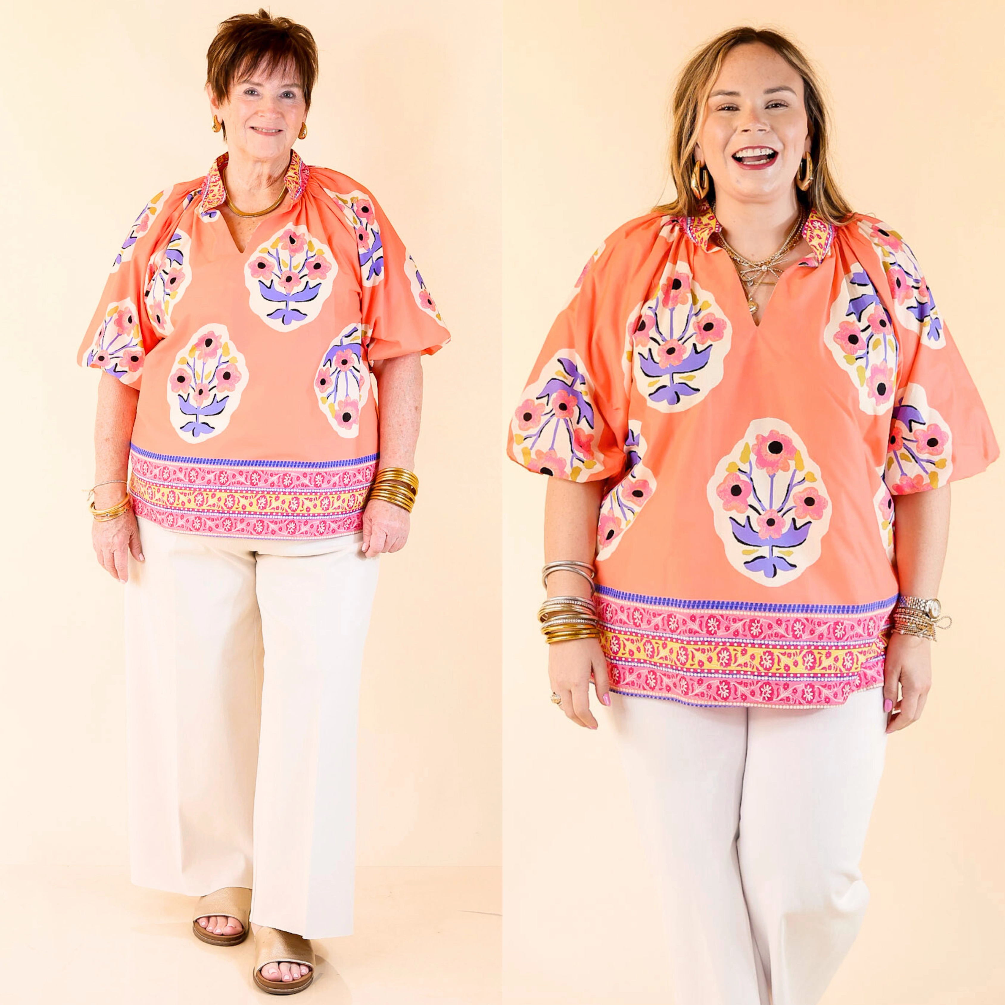 Twirling Tulips Floral Print A-line Top in Coral And Purple FlatlockSeams Fashion Statement