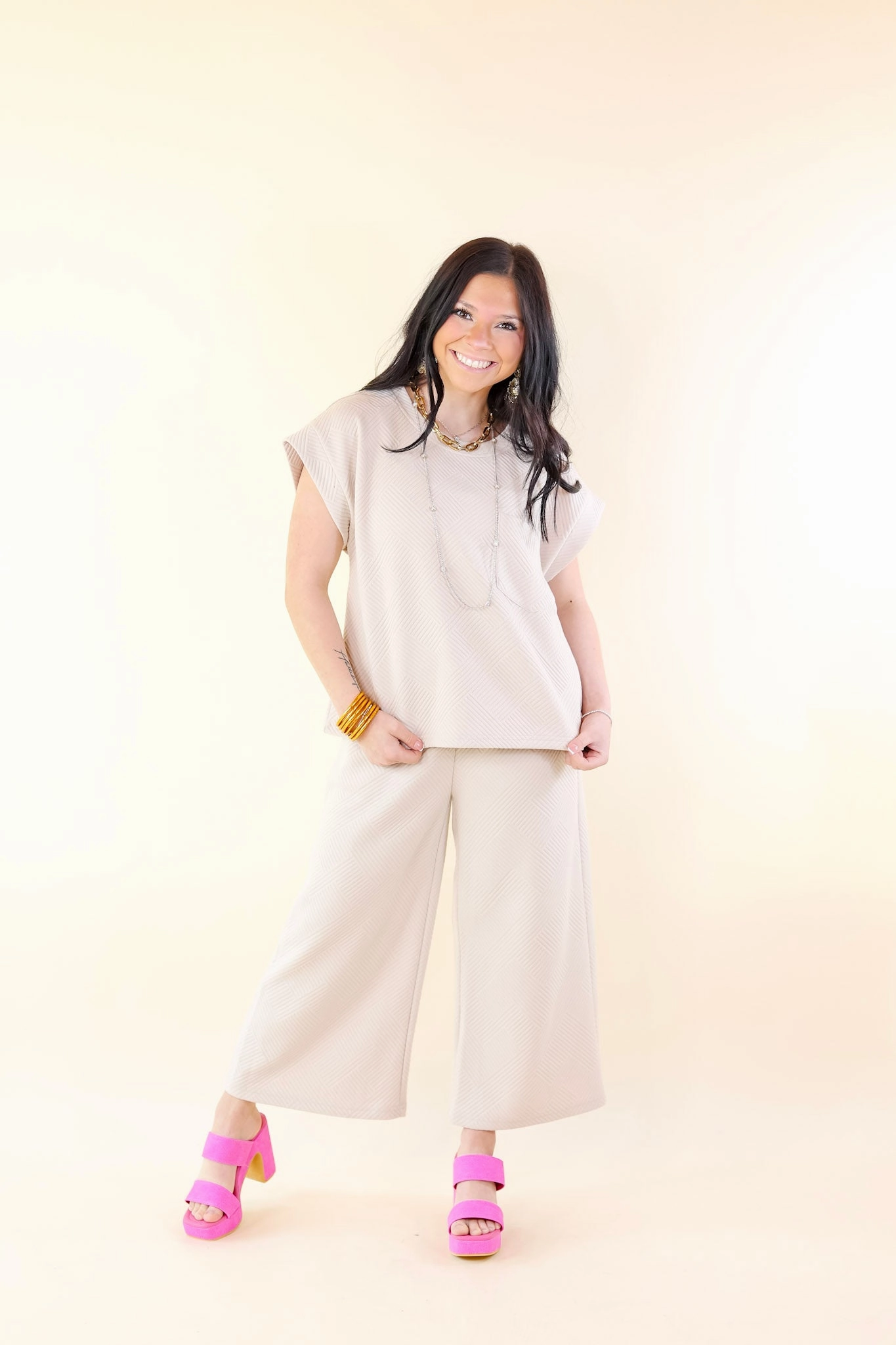 Durable Reinforced Edges Glamour on the Go Textured Wide Leg Pant in Cream