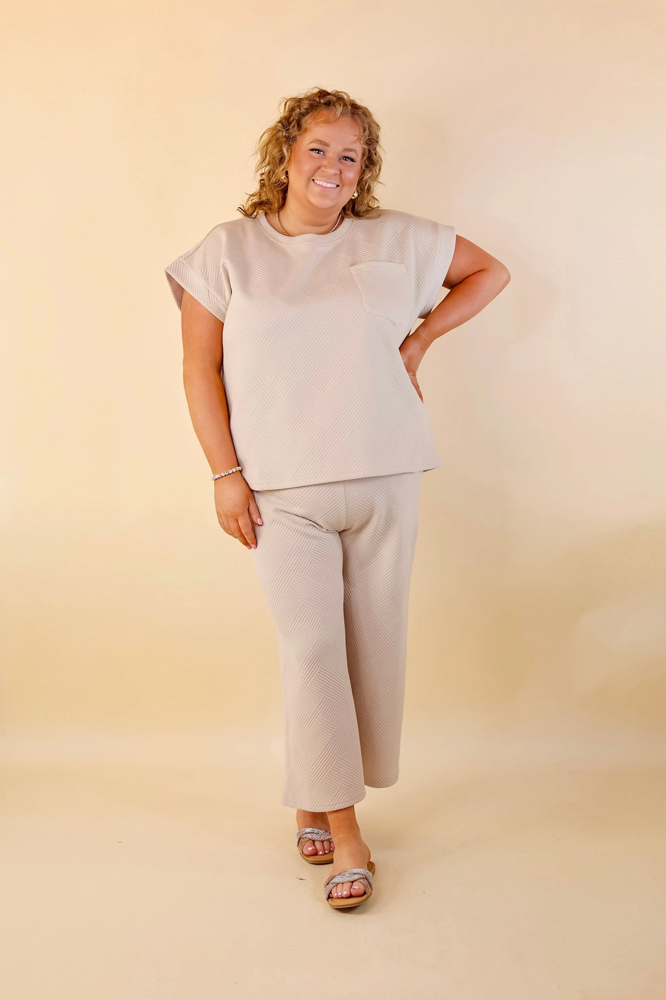NonIrritating Seams Comfortable Sweater Glamour on the Go Textured Wide Leg Pant in Cream