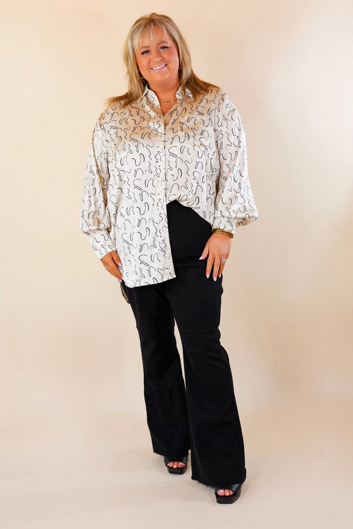Holiday Style Organic Cotton Endlessly Obsessed Satin Button Up Swirl Print Top in Ivory