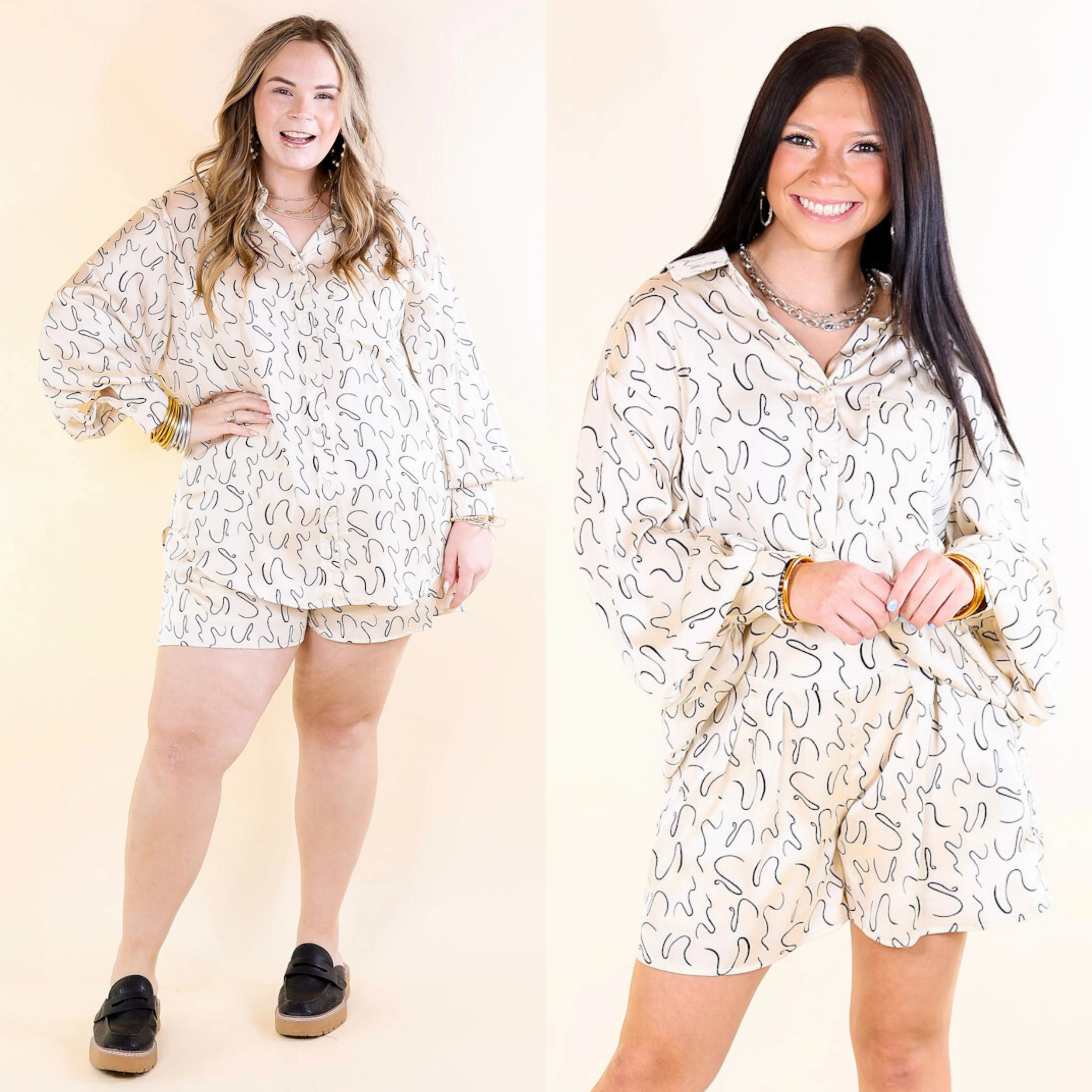 Friends Meetup Endlessly Obsessed Satin Button Up Swirl Print Top in Ivory