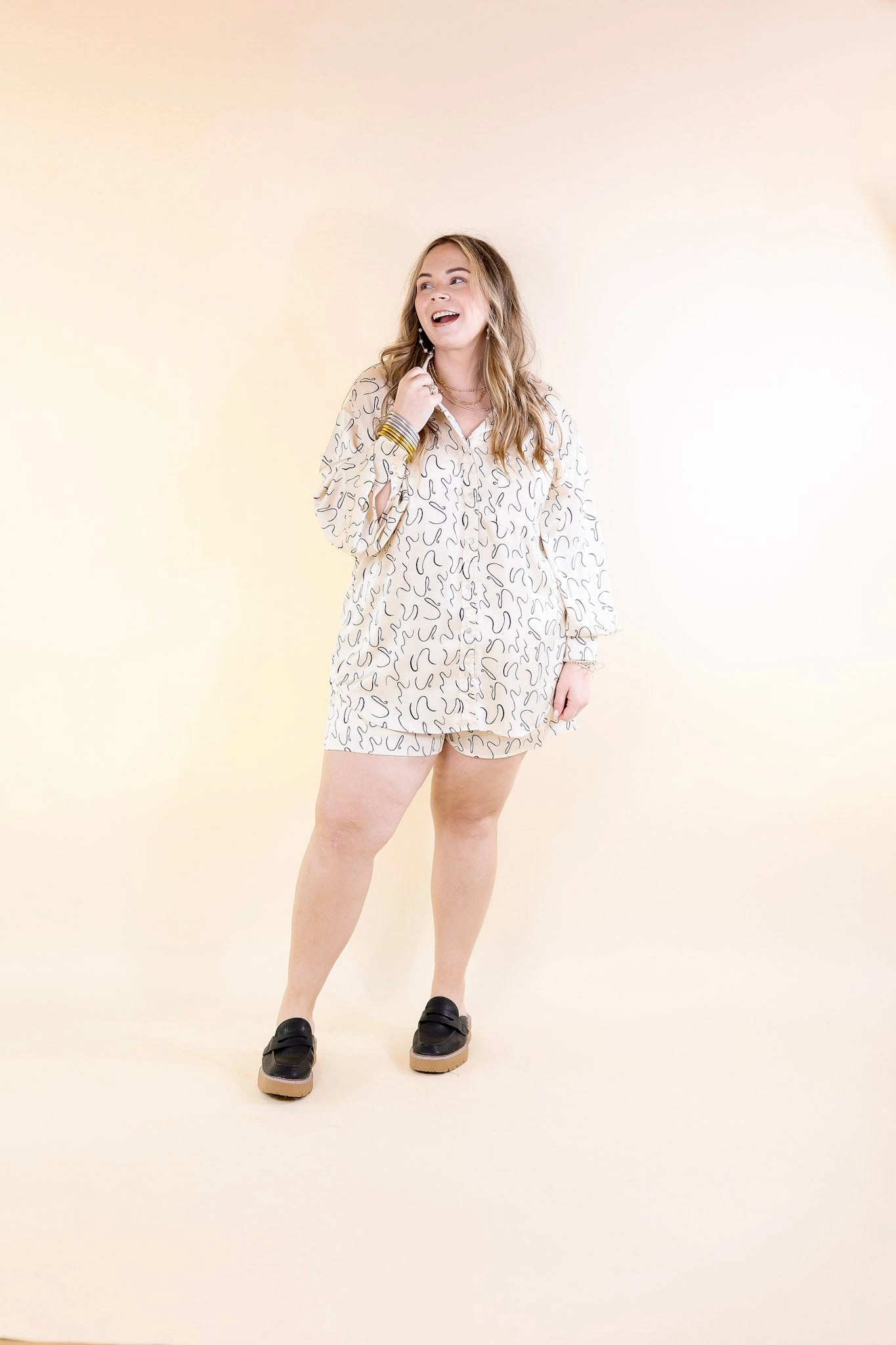 Endlessly Obsessed Satin Button Up Swirl Print Top in Ivory Premium Fabric Quick Release Placket