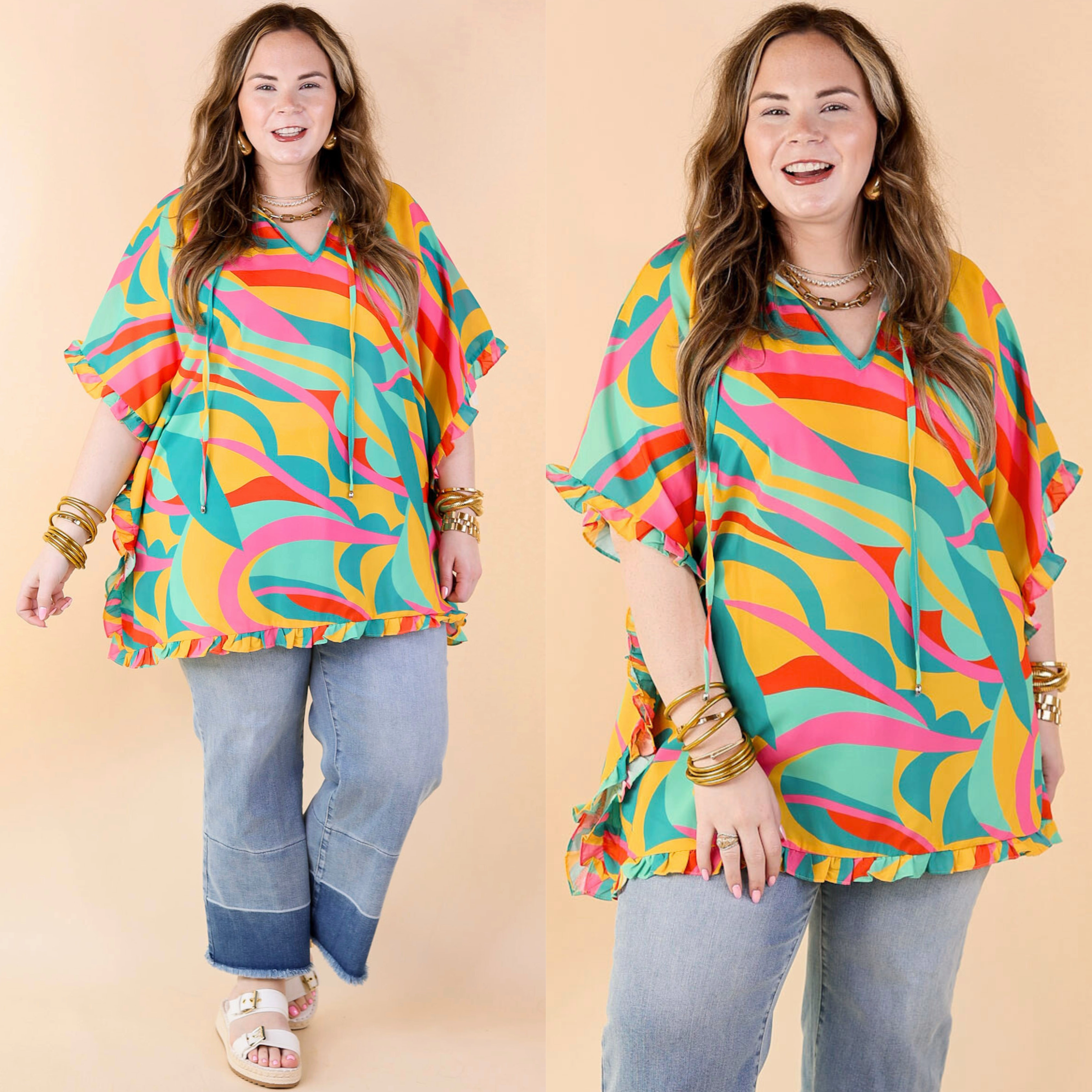 Smooth Finish Fun and Free Flowy Top with Ruffle Trim in Gold Mix