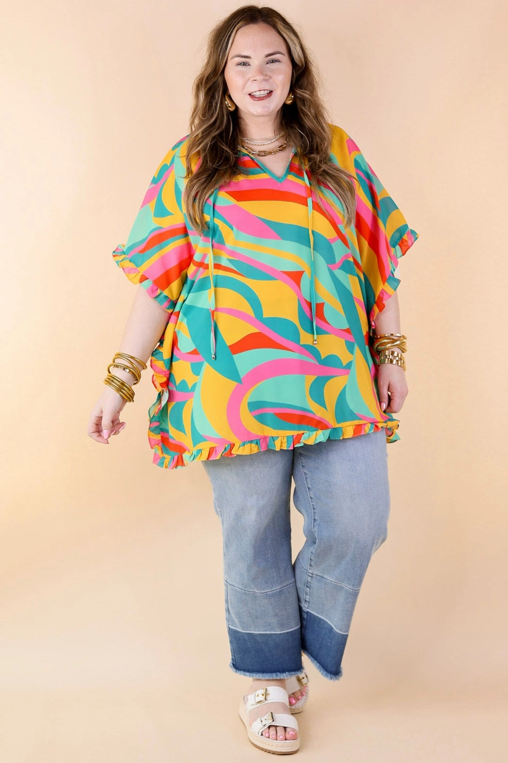 No Slip Shoulder Grip All-day Comfort Fun and Free Flowy Top with Ruffle Trim in Gold Mix