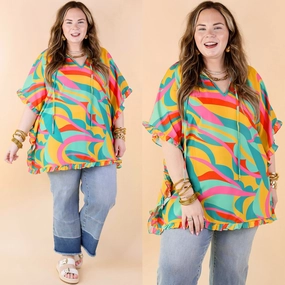 Smooth Finish Fun and Free Flowy Top with Ruffle Trim in Gold Mix