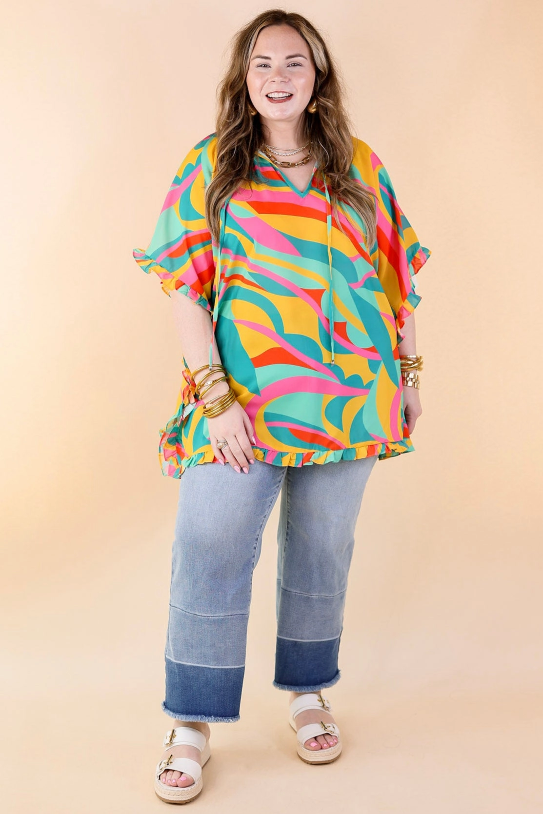 Fashion Statement Easy Wear Fun and Free Flowy Top with Ruffle Trim in Gold Mix