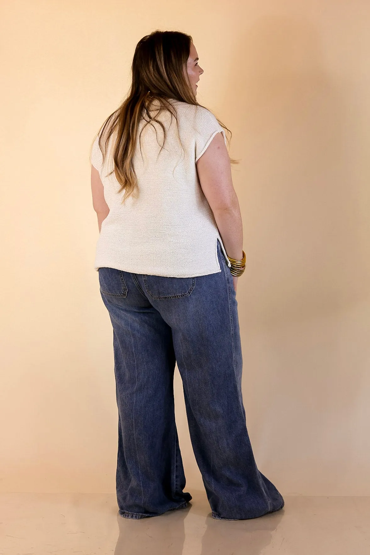 Judy Blue | Made to Move Wide Leg Palazzo Featherweight Elastic Waistband Jeans in Dark Wash Layered Shirt Sun Beam