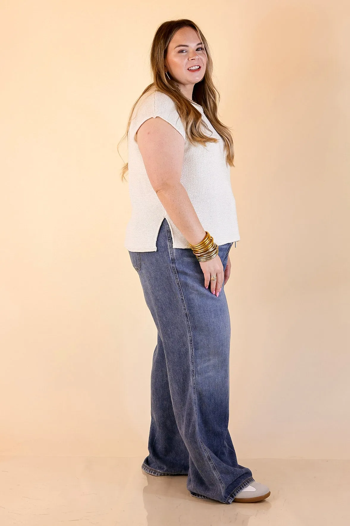 Judy Blue | Made to Move Wide Leg Palazzo Featherweight Elastic Waistband Jeans in Dark Wash LightweightInsulation Trend Vibe
