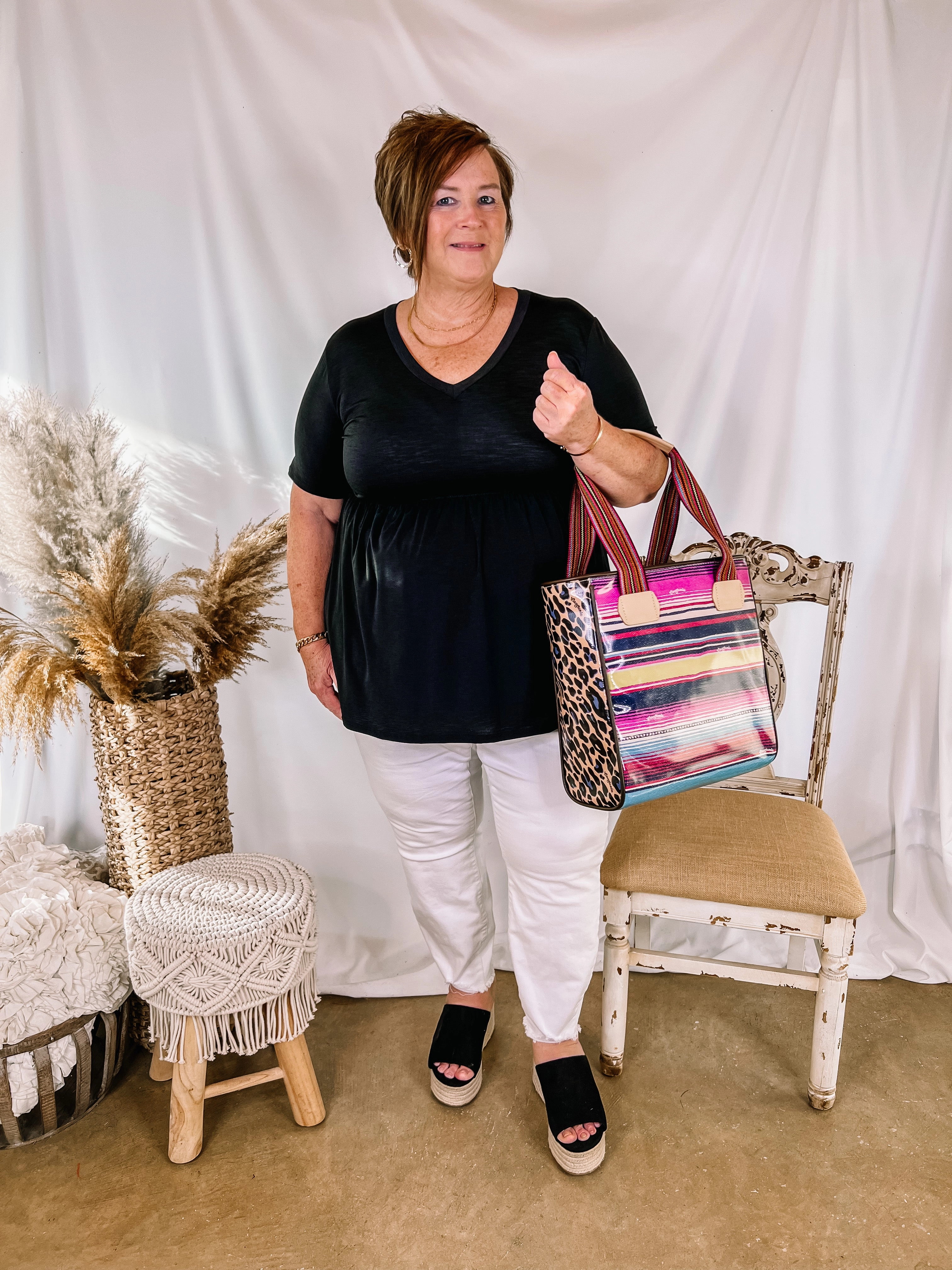 Biggest Smile Short Sleeve V Neck Babydoll Top in Black Active clothing Story Mood