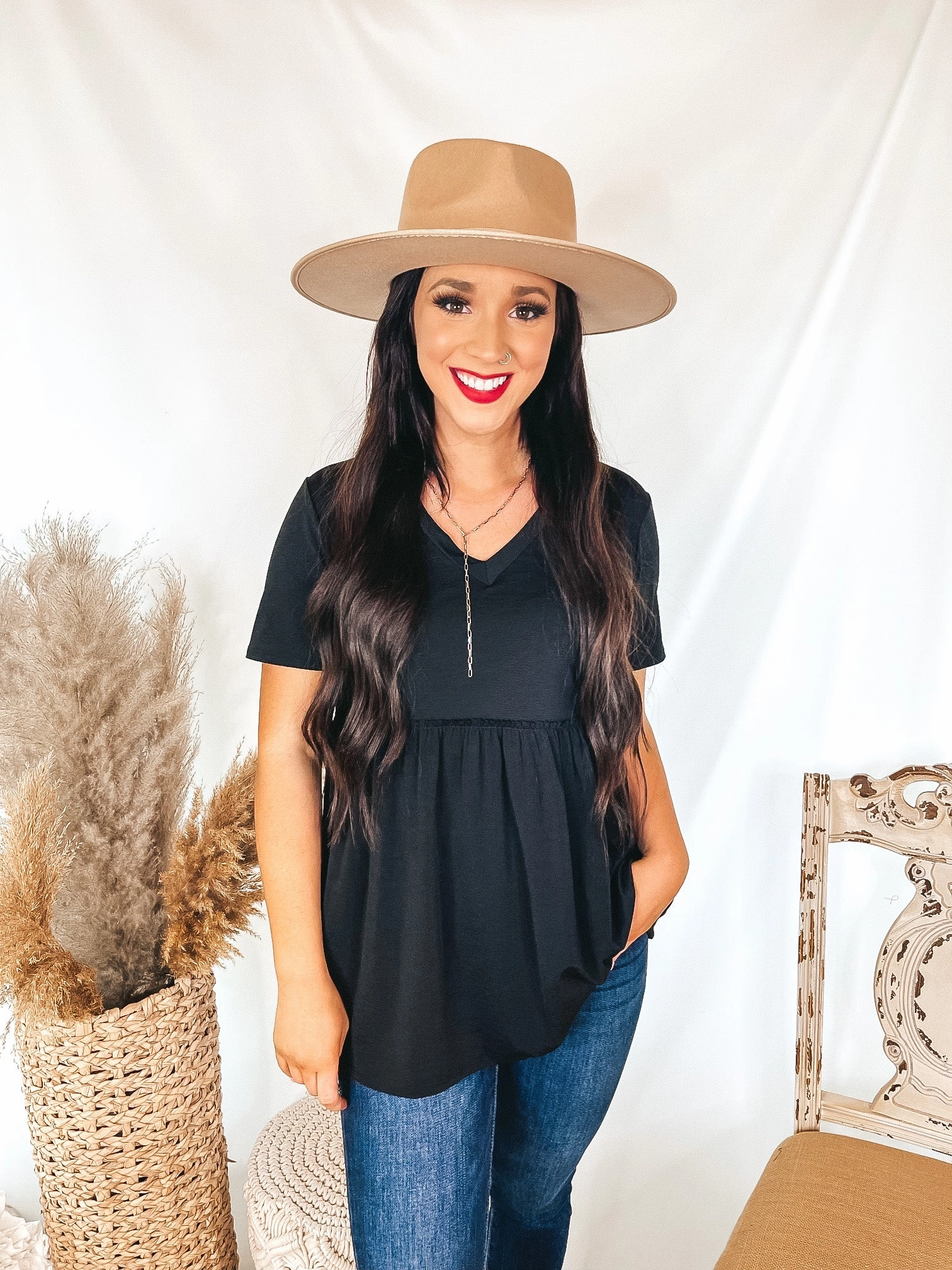 Biggest Smile Short Sleeve V Neck Babydoll Top in Black Sunset Scene