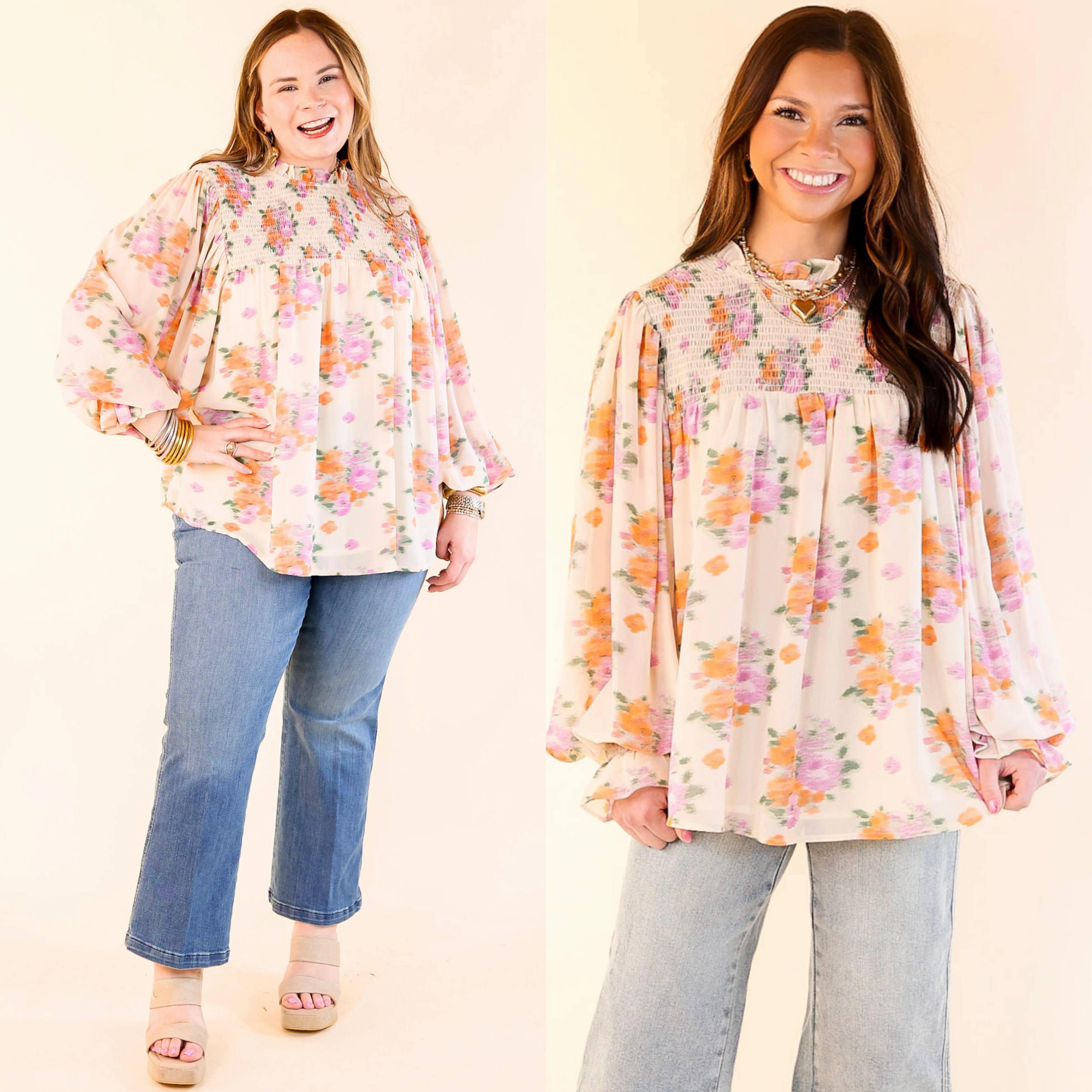 Garden Glow Watercolor Floral Print Blouse with High Neckline in Ivory Minimalist Style