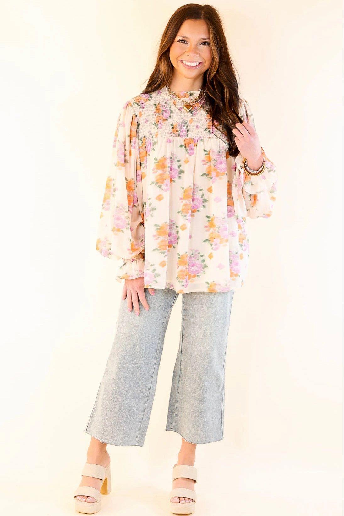 Sustainable Manufacturing Process Garden Glow Watercolor Floral Print Blouse with High Neckline in Ivory