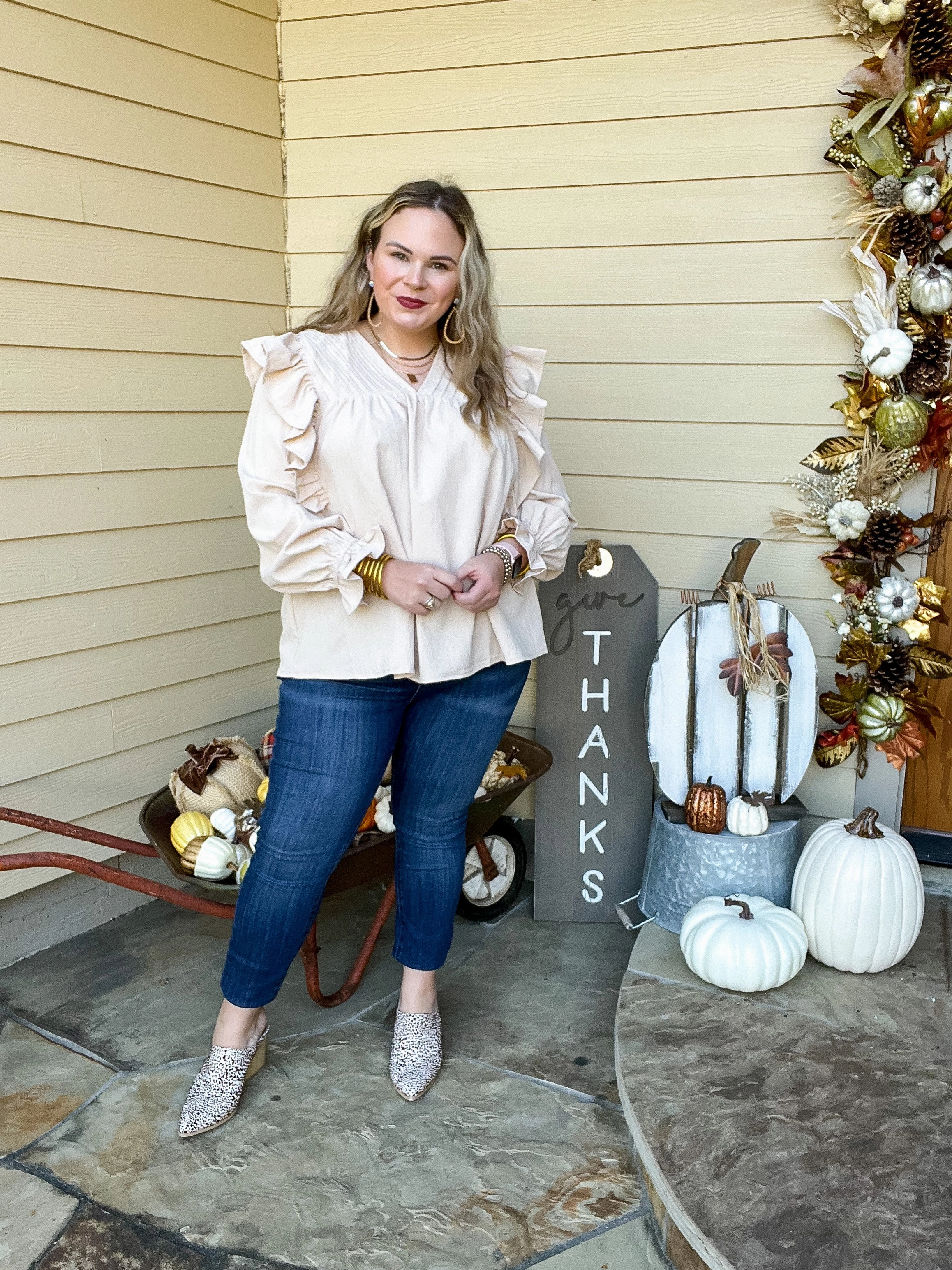 Last Chance Size Small | Coffee Perks Ruffle Detail Long Sleeve Top in Ivory Gentle Glow