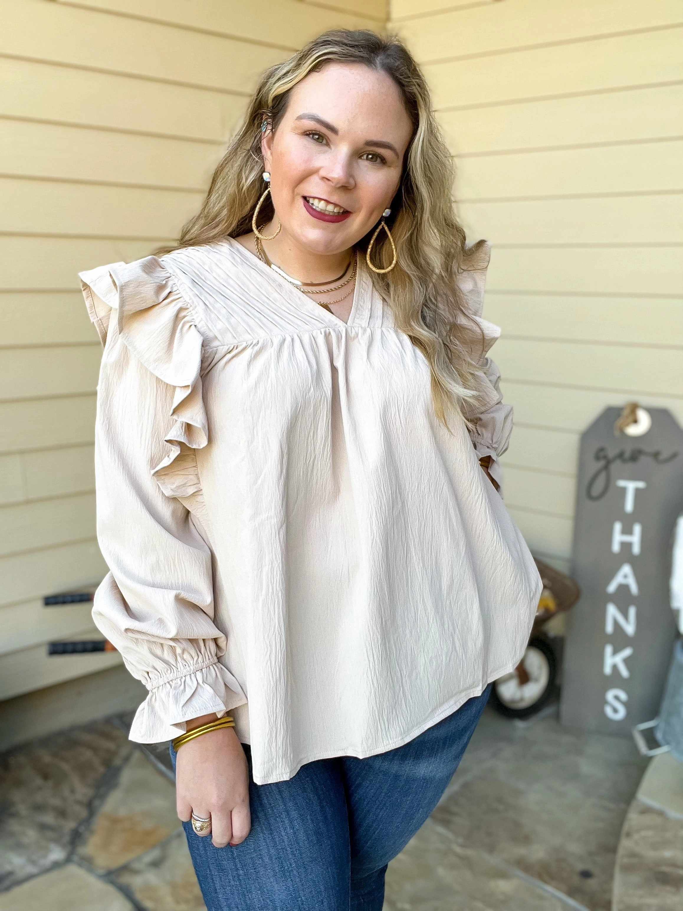 Last Chance Size Small | Coffee Perks Ruffle Detail Long Sleeve Top in Ivory ButterySoftTexture