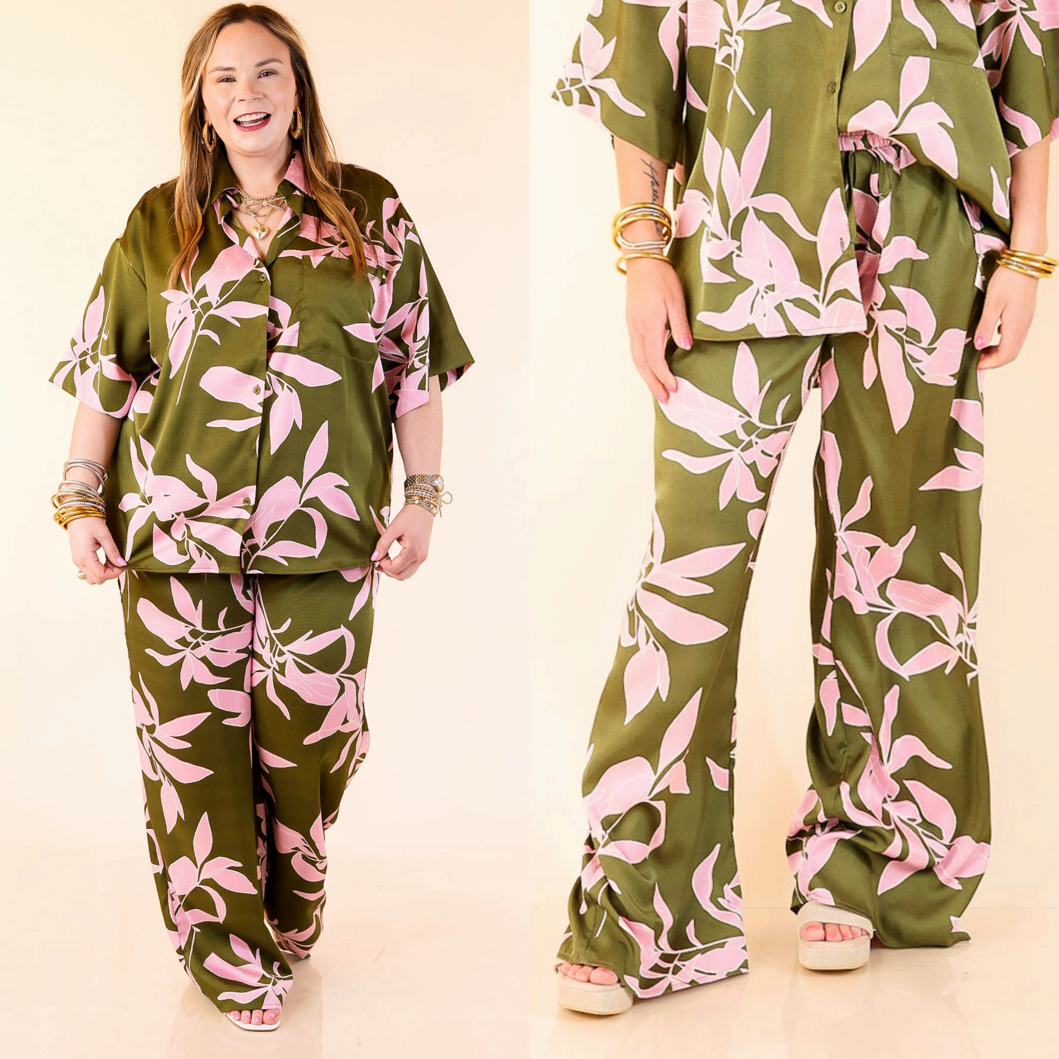 tailored look Calm and Collected Drawstring Bottoms with Pink Leaves in Olive Green