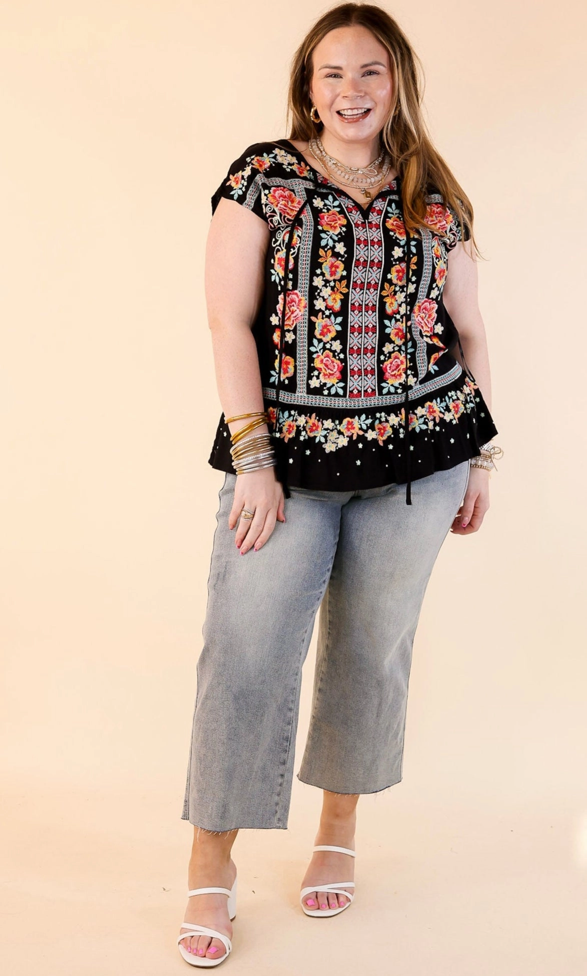 Pulled To Paradise Floral Embroidered Front Keyhole Top in Black AntiMicrobialLining