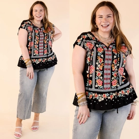 Pulled To Paradise Floral Embroidered Front Keyhole Top in Black TexturedSurface RibbedNeckline
