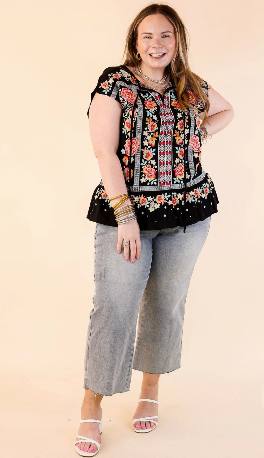 NonIrritatingTags Pulled To Paradise Floral Embroidered Front Keyhole Top in Black