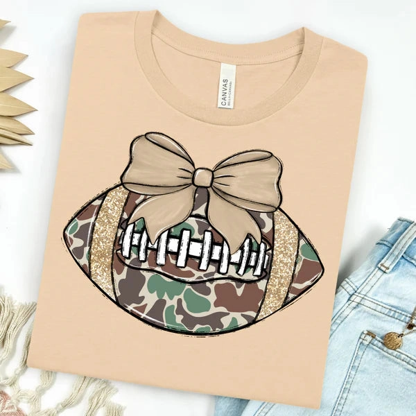 Online Exclusive | Camouflage Football with Bow Graphic on Short Sleeve Tee in Cream Stylish and Fun Anti Static Fabric