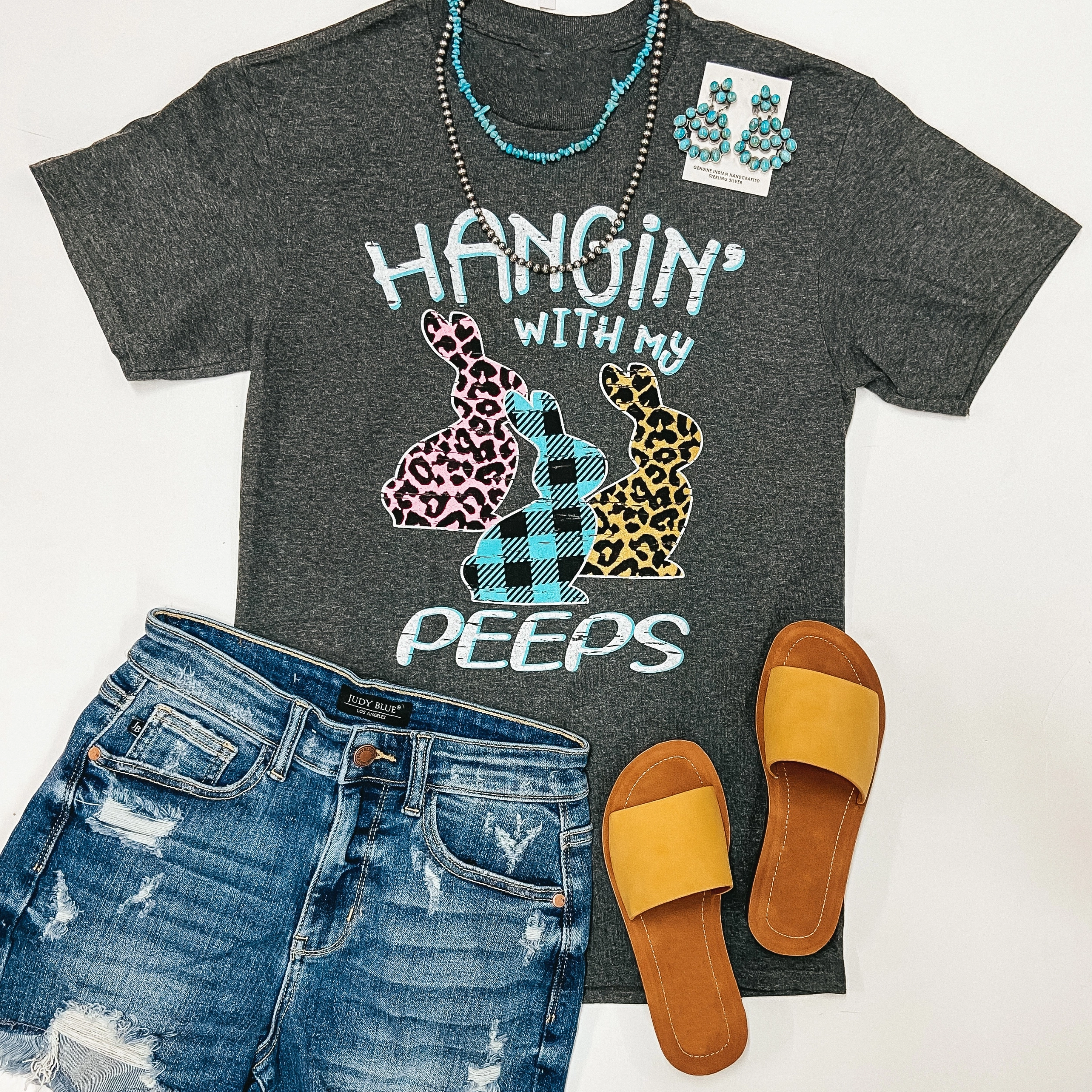 Summer Wear FlexSeamTechnology Hangin' With My Peeps Mixed Print Easter Graphic Tee in Charcoal Grey