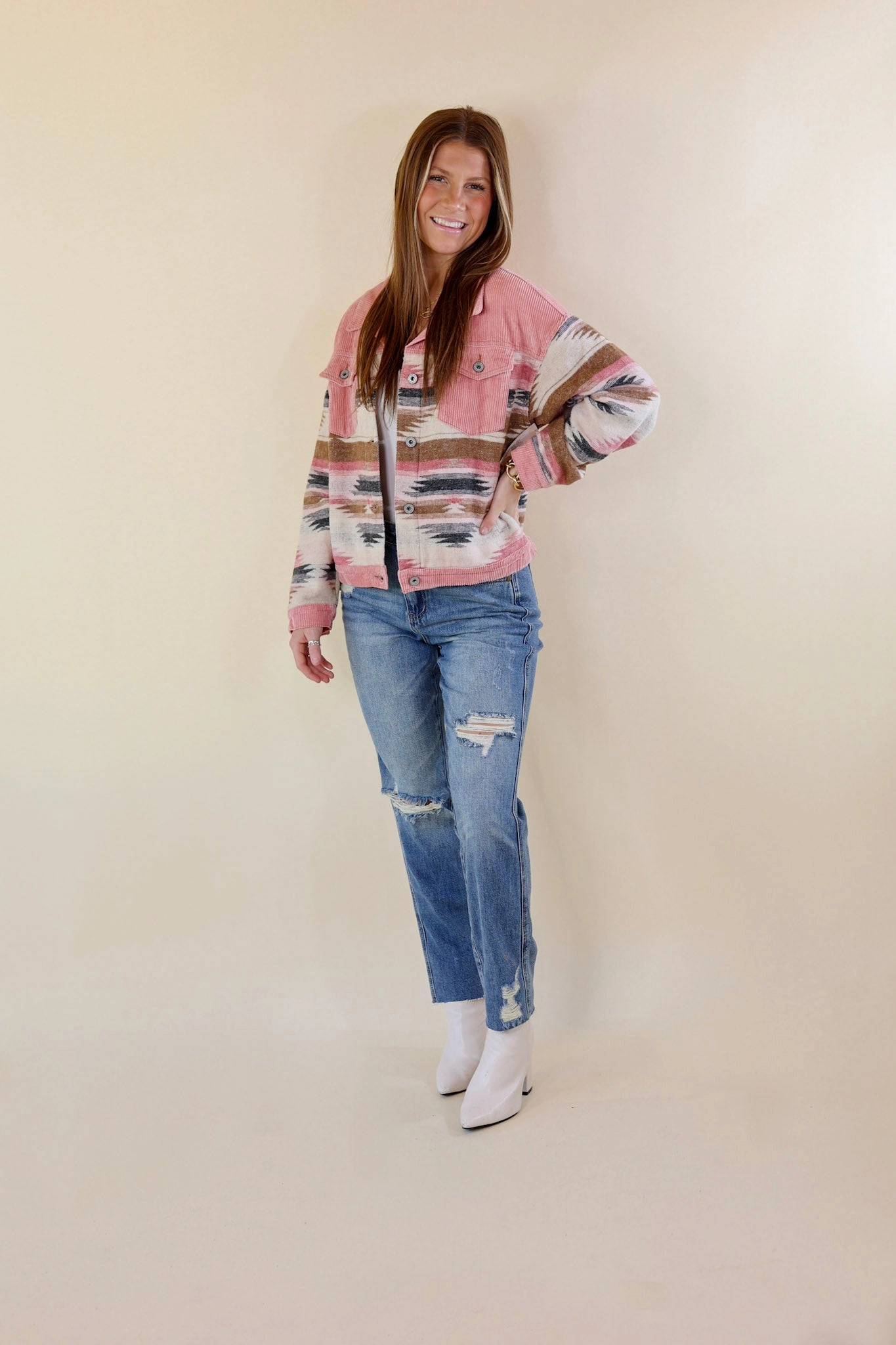 Hard To Forget Aztec Print Button Up Jacket with Corduroy Trim in Pink Soul Ease Peace Glow