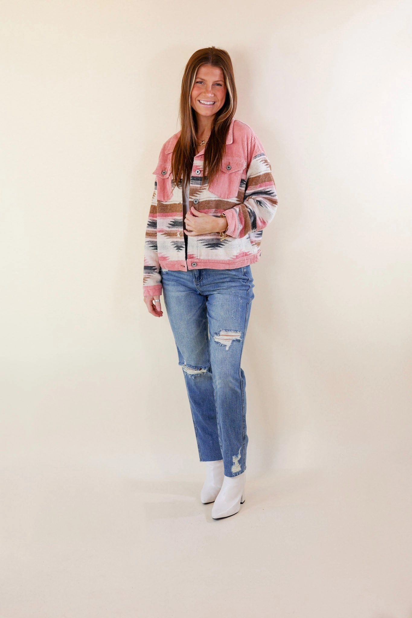 Code Soul Hard To Forget Aztec Print Button Up Jacket with Corduroy Trim in Pink