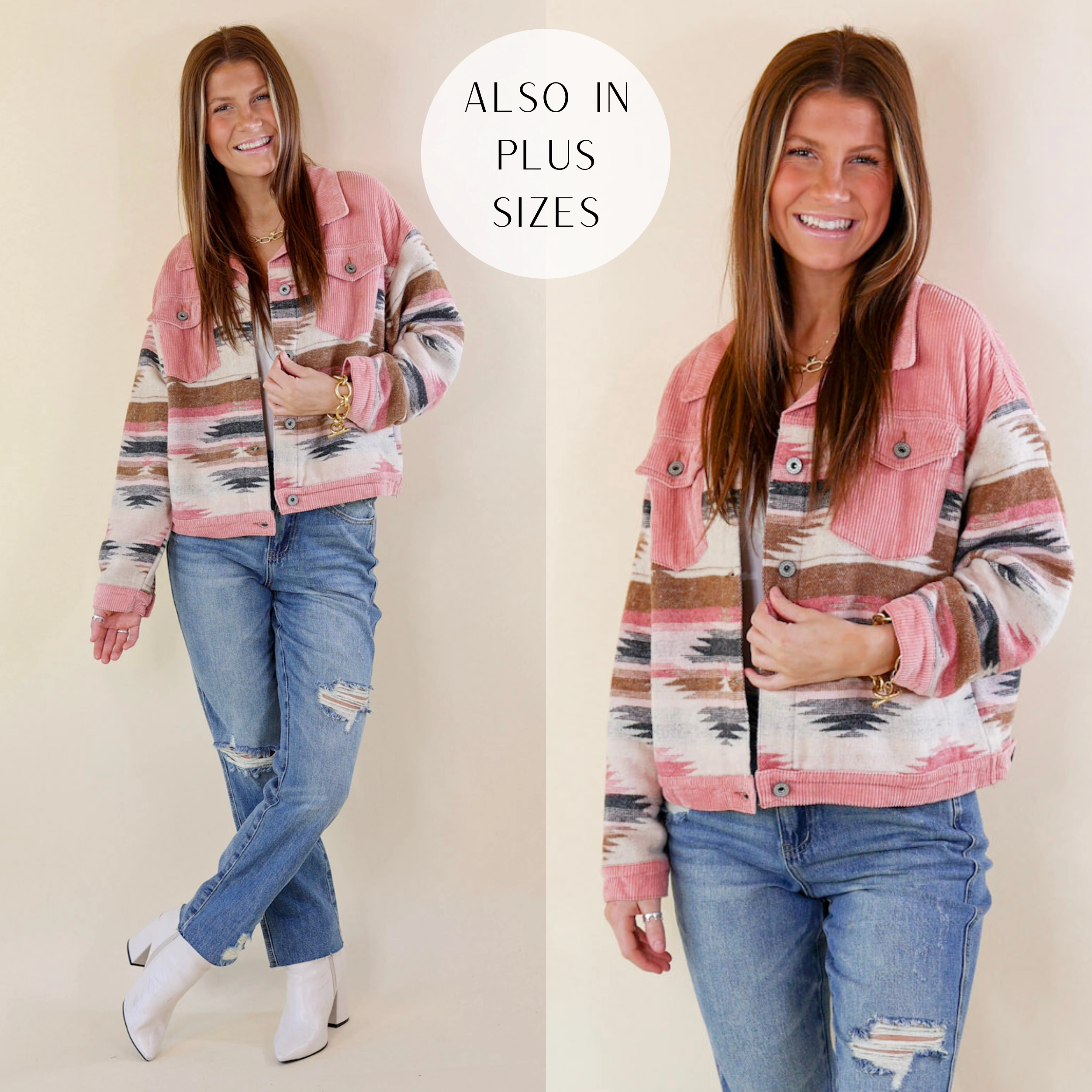 Hard To Forget Aztec Print Button Up Jacket with Corduroy Trim in Pink LowProfileZipperSystem