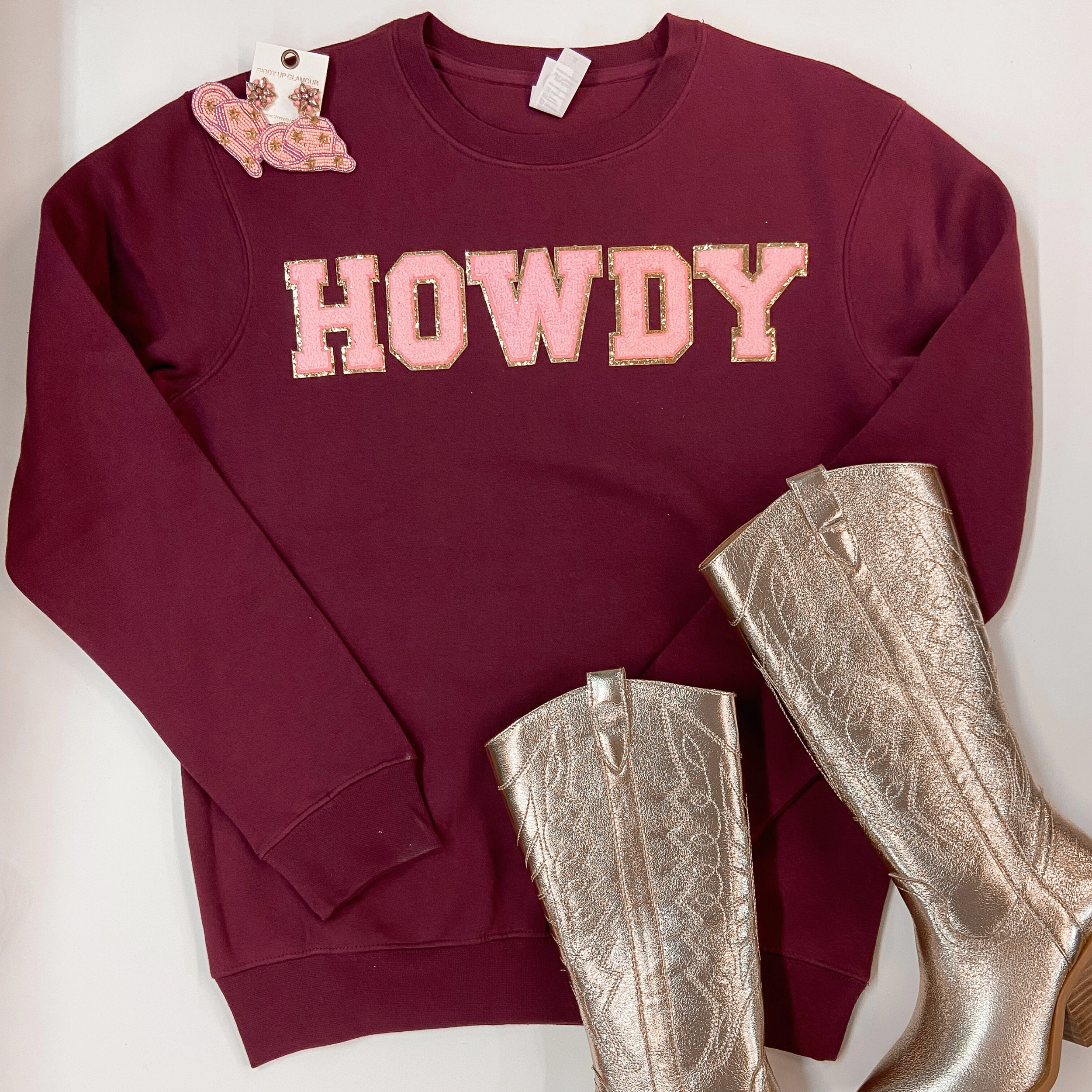 Sophisticated Style Hygienic Finish Howdy Chenille Letter Graphic Sweatshirt with Long Sleeves in Maroon