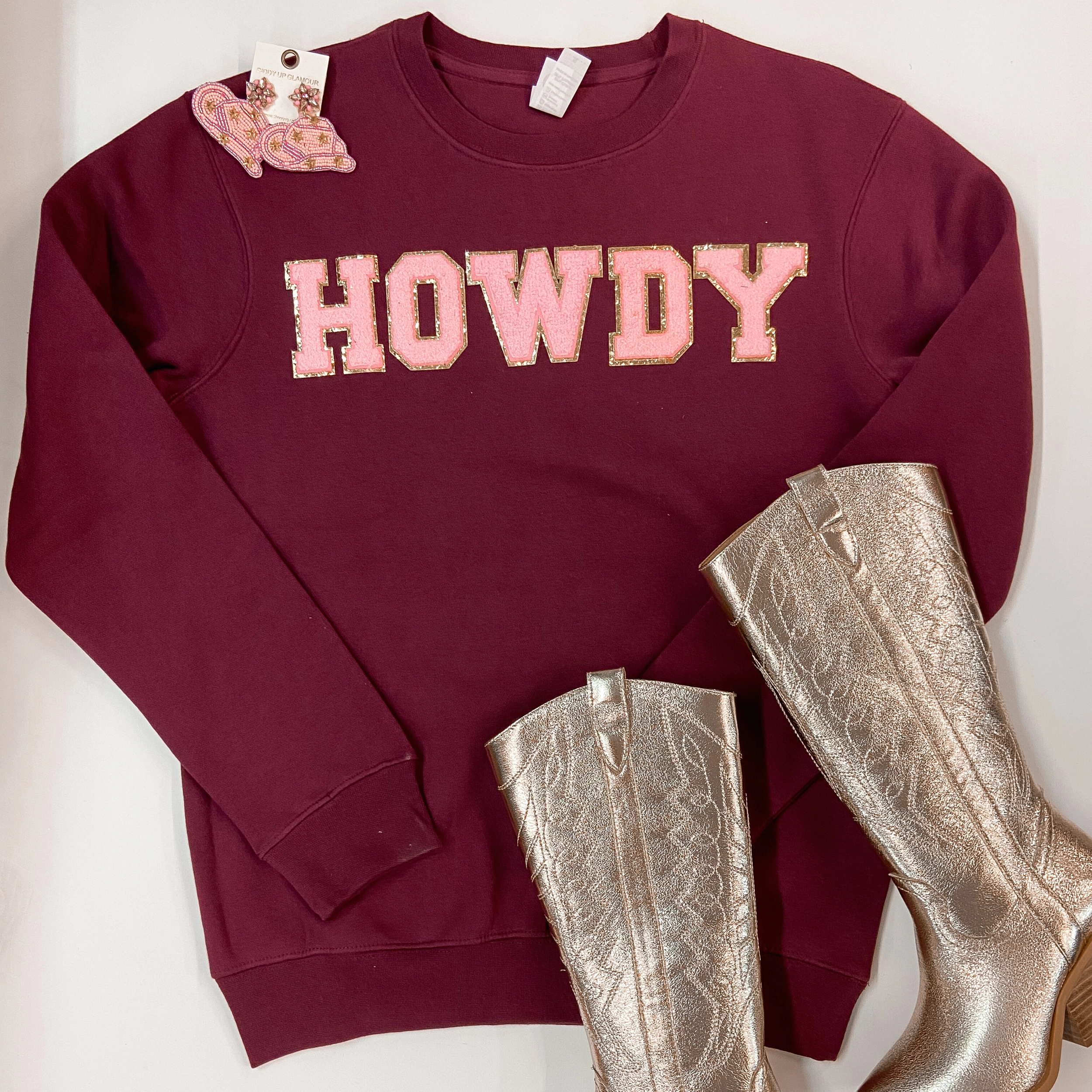 SeamlessFit Casual Bottoms Howdy Chenille Letter Graphic Sweatshirt with Long Sleeves in Maroon