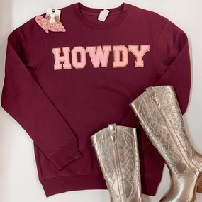 Sophisticated Style Hygienic Finish Howdy Chenille Letter Graphic Sweatshirt with Long Sleeves in Maroon