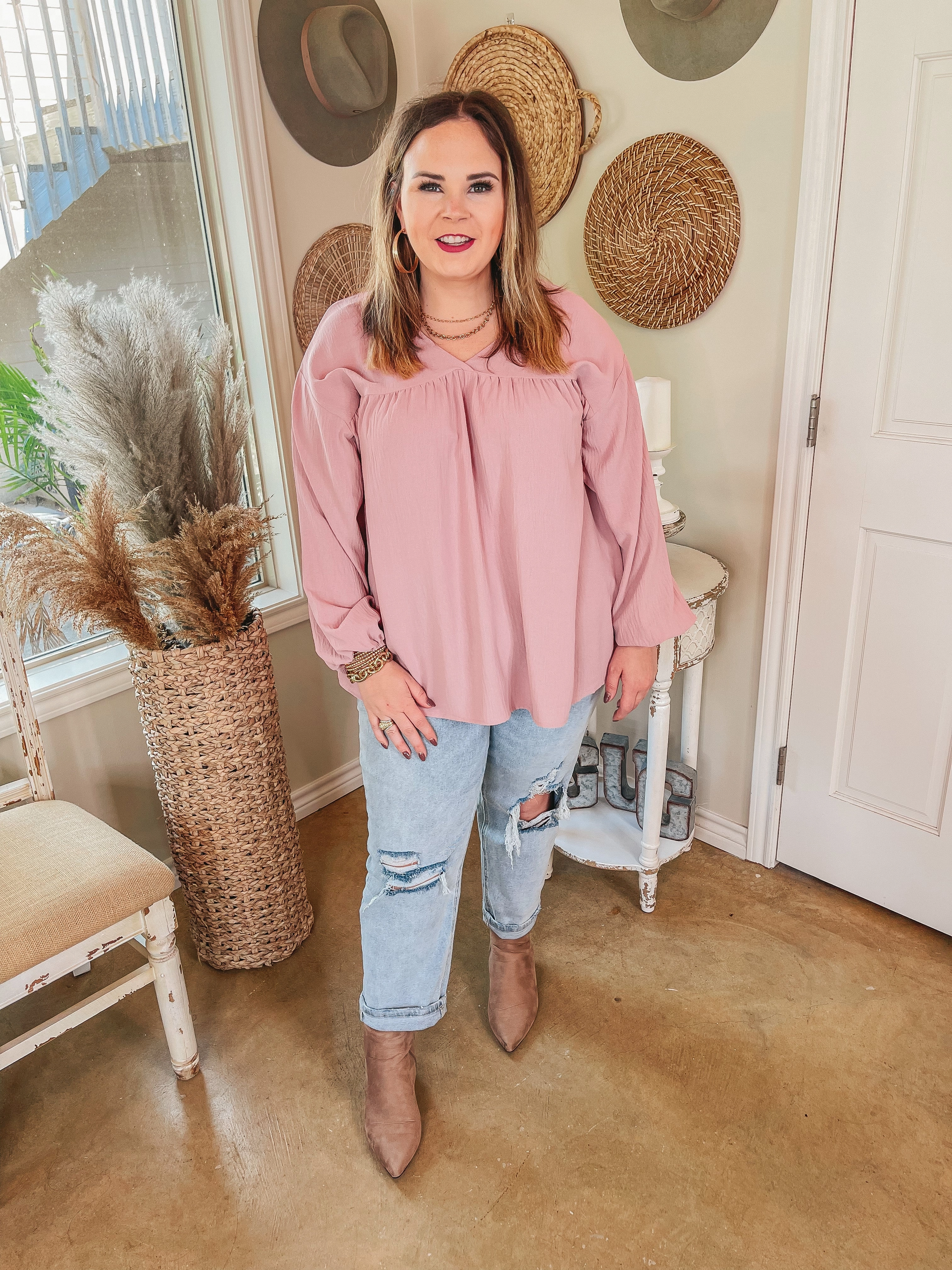 Last Chance Size Small & 3XL | Office Feels Long Sleeve V Neck Babydoll Top in Dusty Pink Rain Proof