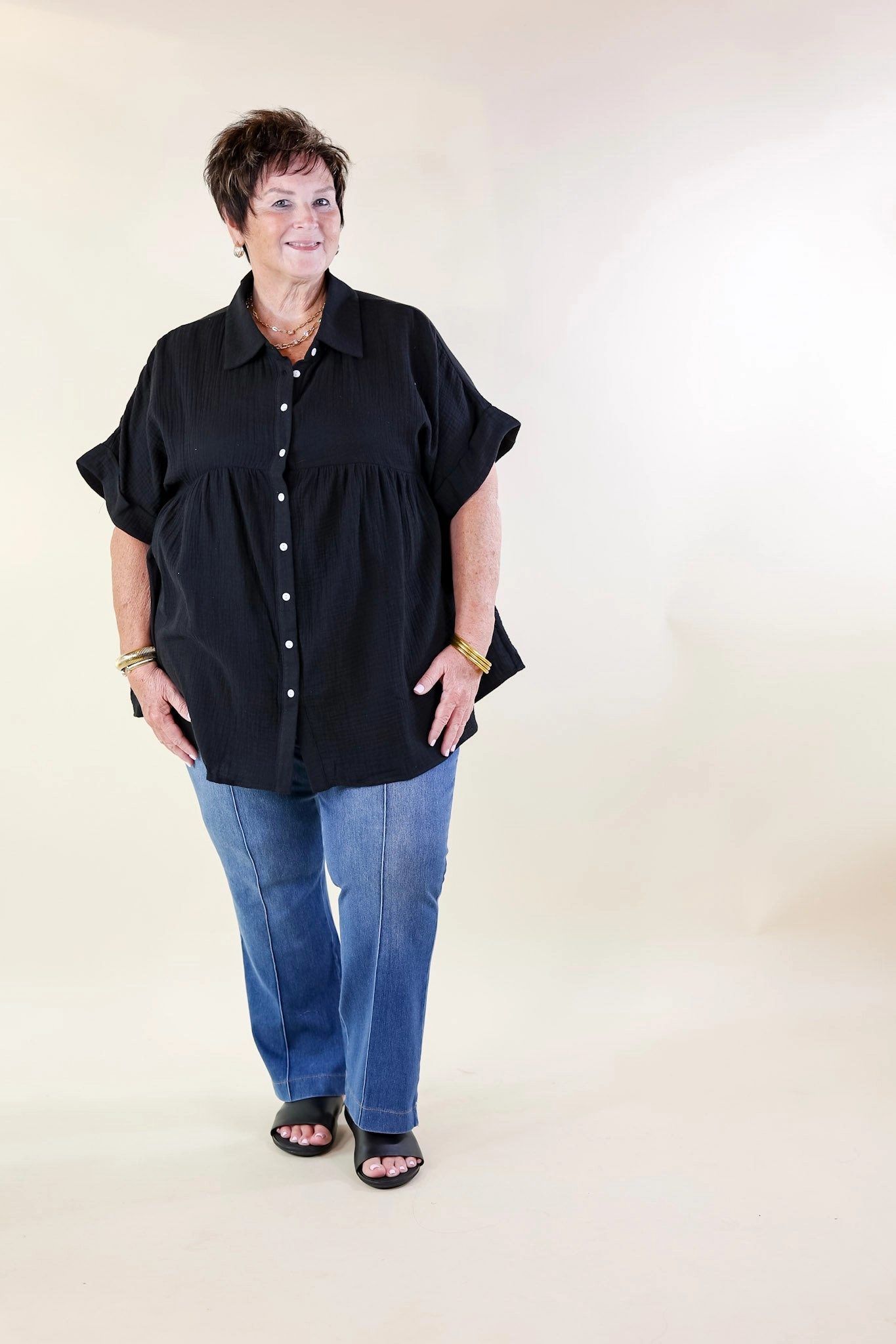 Elegant Pants Mellow Mood Collared Button Up Babydoll Top in Black