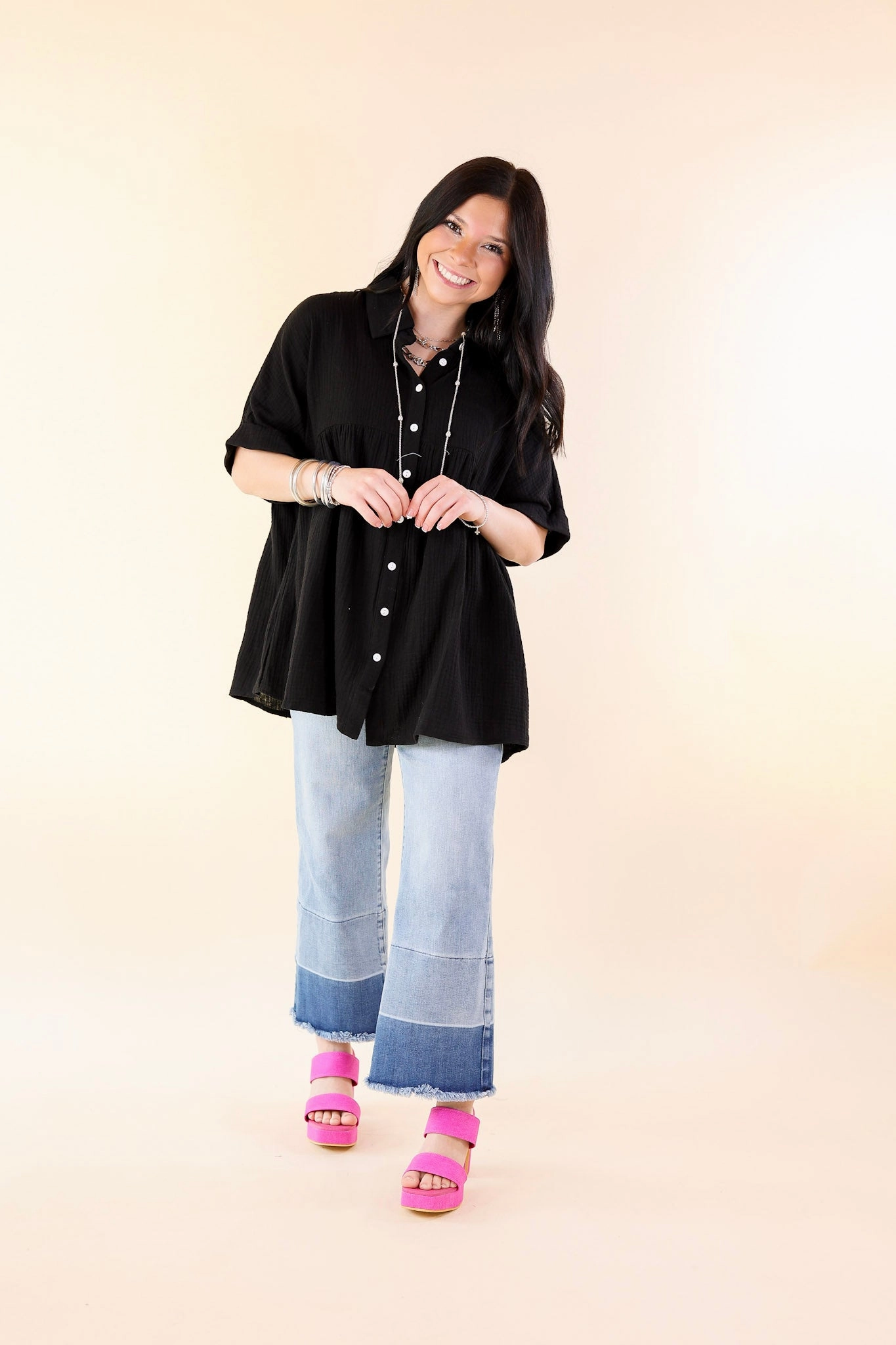 Mellow Mood Collared Button Up Babydoll Top in Black Story Mood Polish Core