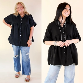 Mellow Mood Collared Button Up Babydoll Top in Black TaglessLabel
