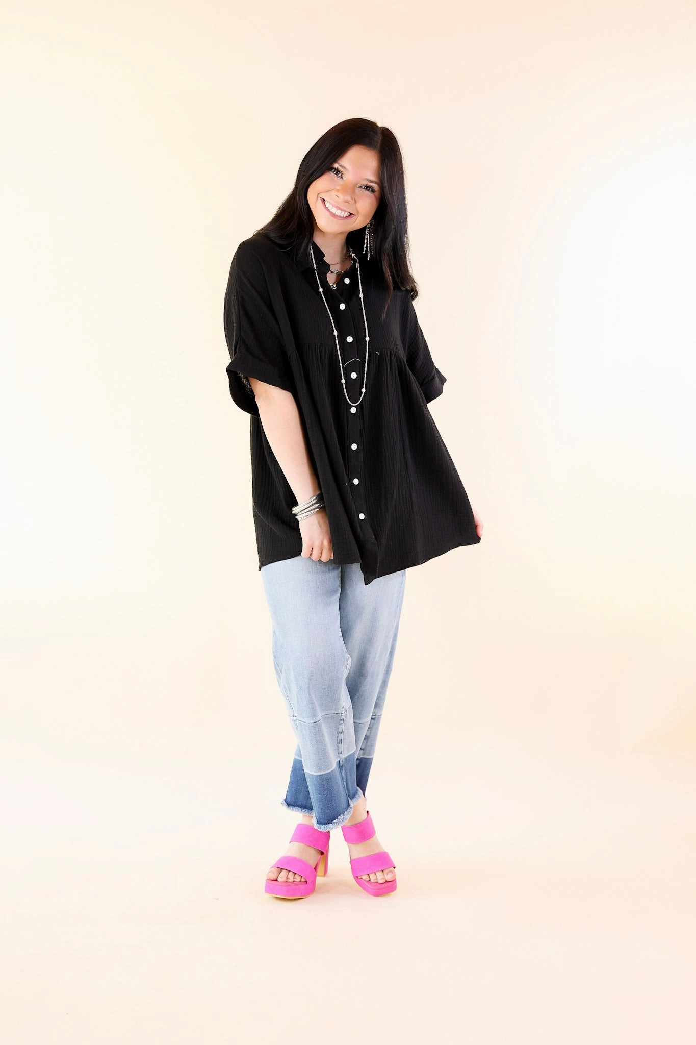 AdjustableWaist Mellow Mood Collared Button Up Babydoll Top in Black