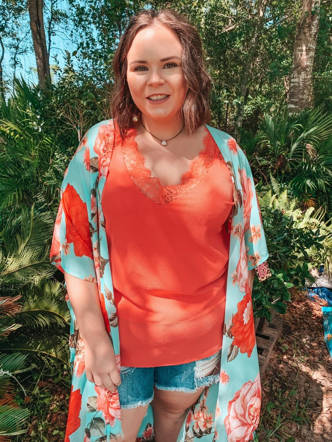 On Replay Solid Color Camisole with Lace Sleeves in Coral Cozy Fit Comfortable Lounge