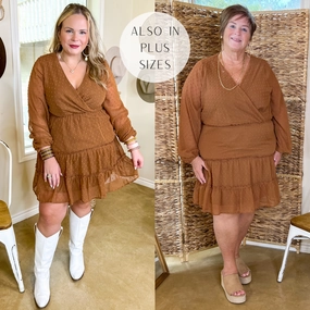 Chasing Love Swiss Dot Tiered Dress with Long Sleeves in Camel Brown ButterSoftKnit SlipResistantHem