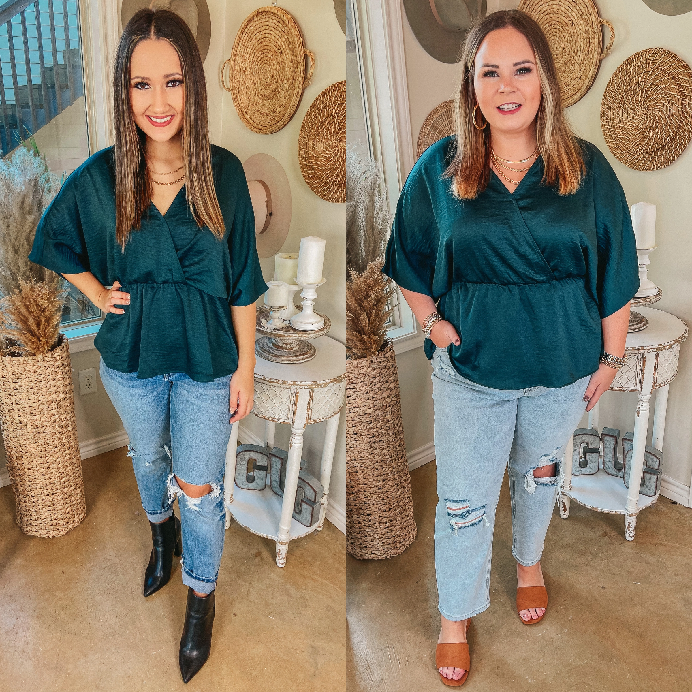 Pure Linen Blend Under the Pines V Neck Peplum Blouse in Forest Green
