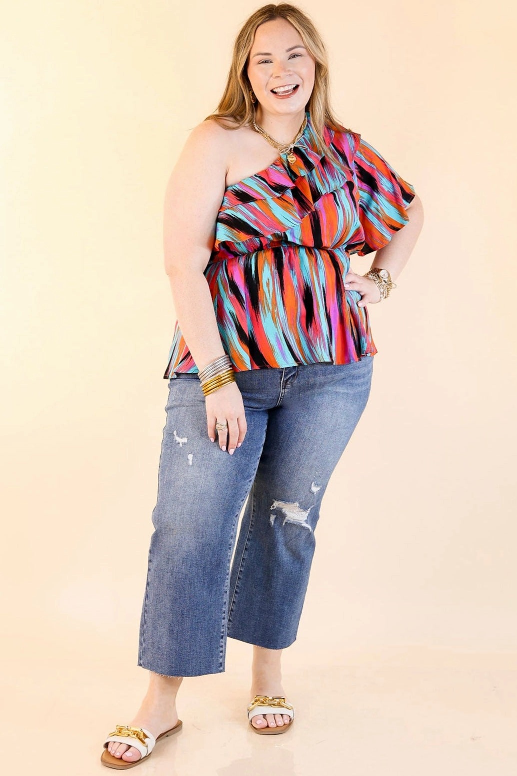 Trendy Outfit Worth Staying One Shoulder Watercolor Stripe Top in Turquoise and Red Mix