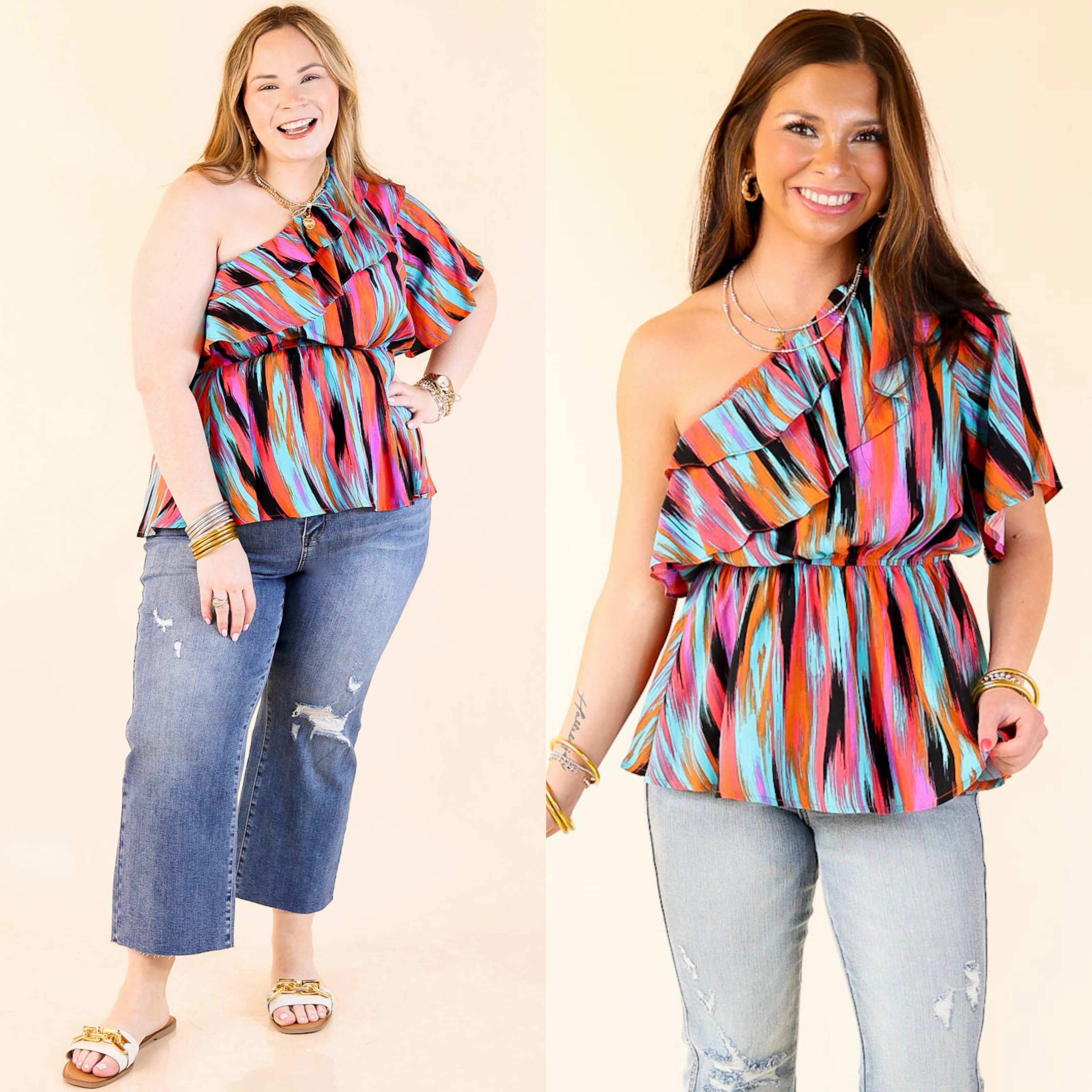 Worth Staying One Shoulder Watercolor Stripe Top in Turquoise and Red Mix Timeless Appeal