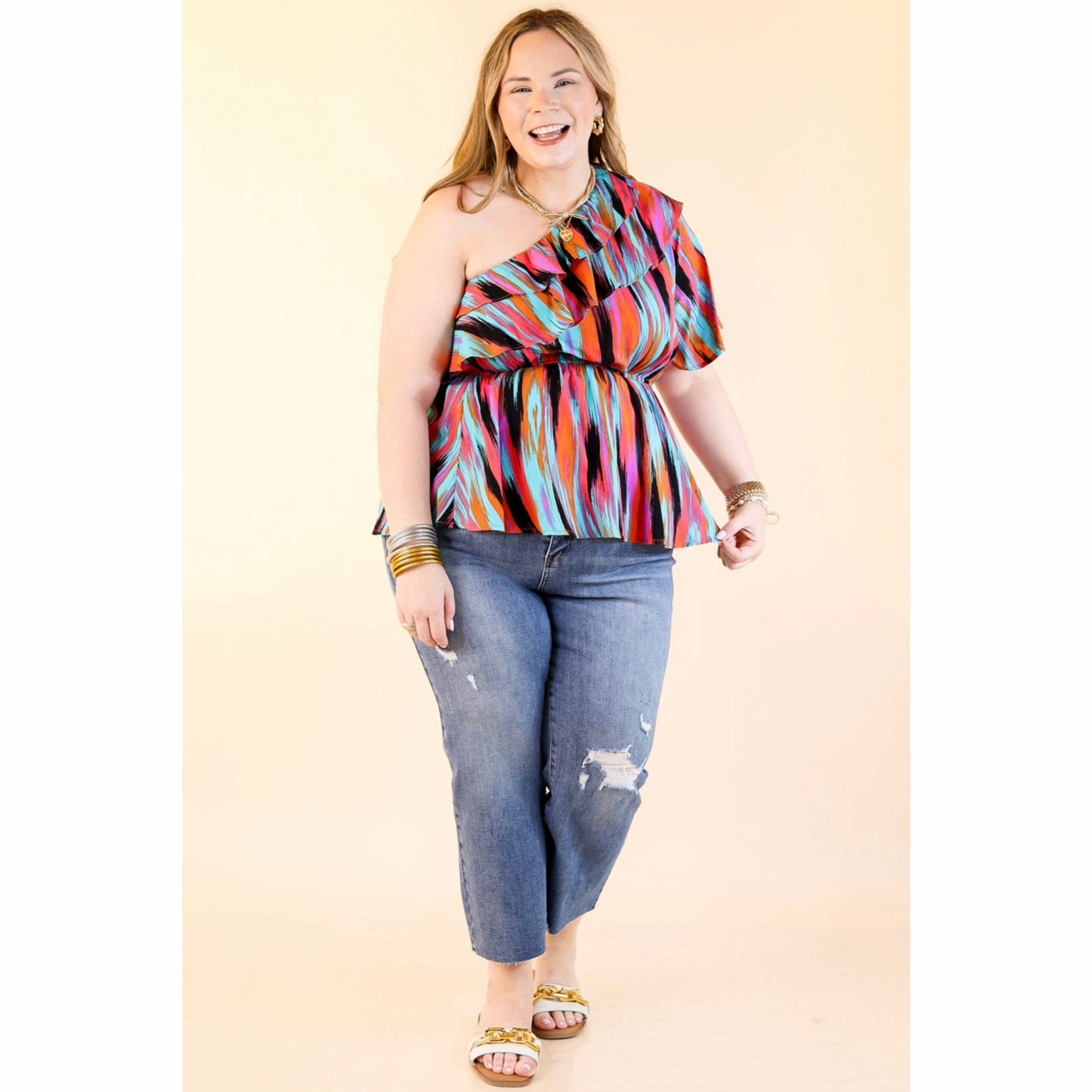 Worth Staying One Shoulder Watercolor Stripe Top in Turquoise and Red Mix Versatile Outfit Go-To Look