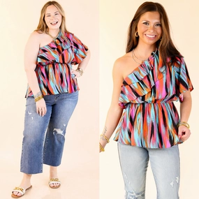Worth Staying One Shoulder Watercolor Stripe Top in Turquoise and Red Mix Timeless Appeal
