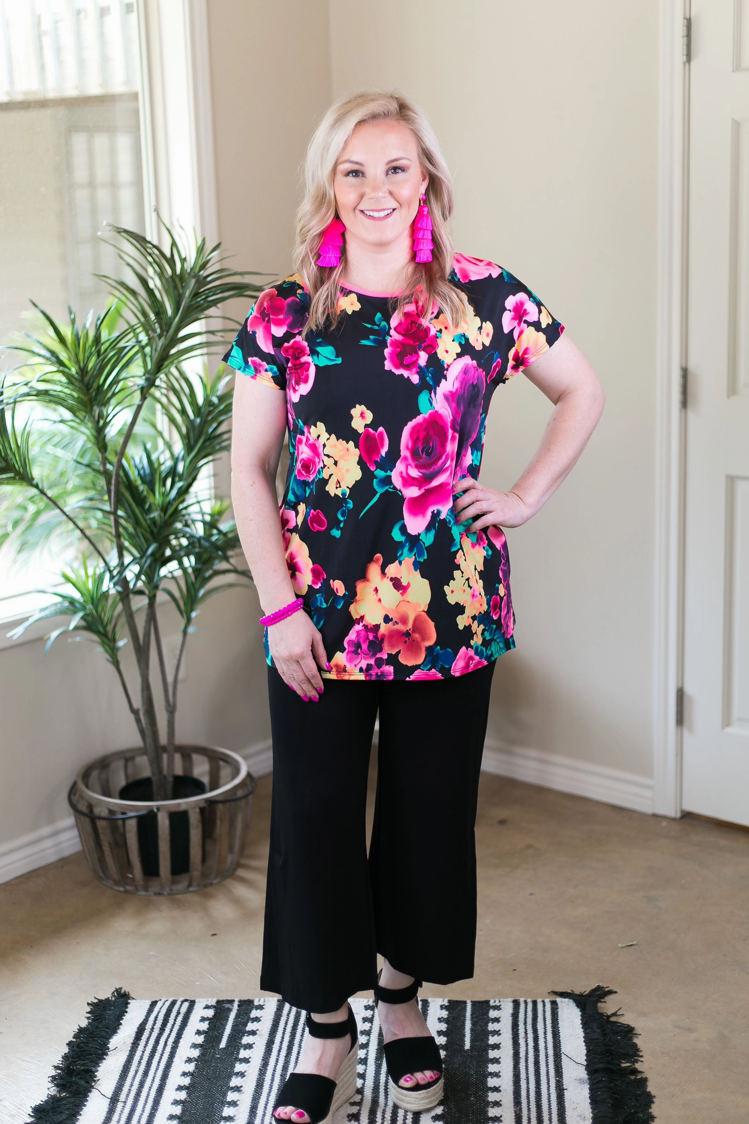 Last Chance Size Small | Got Your Back Neon Floral Short Sleeve Top with Leopard Print Open Back Casual Pants