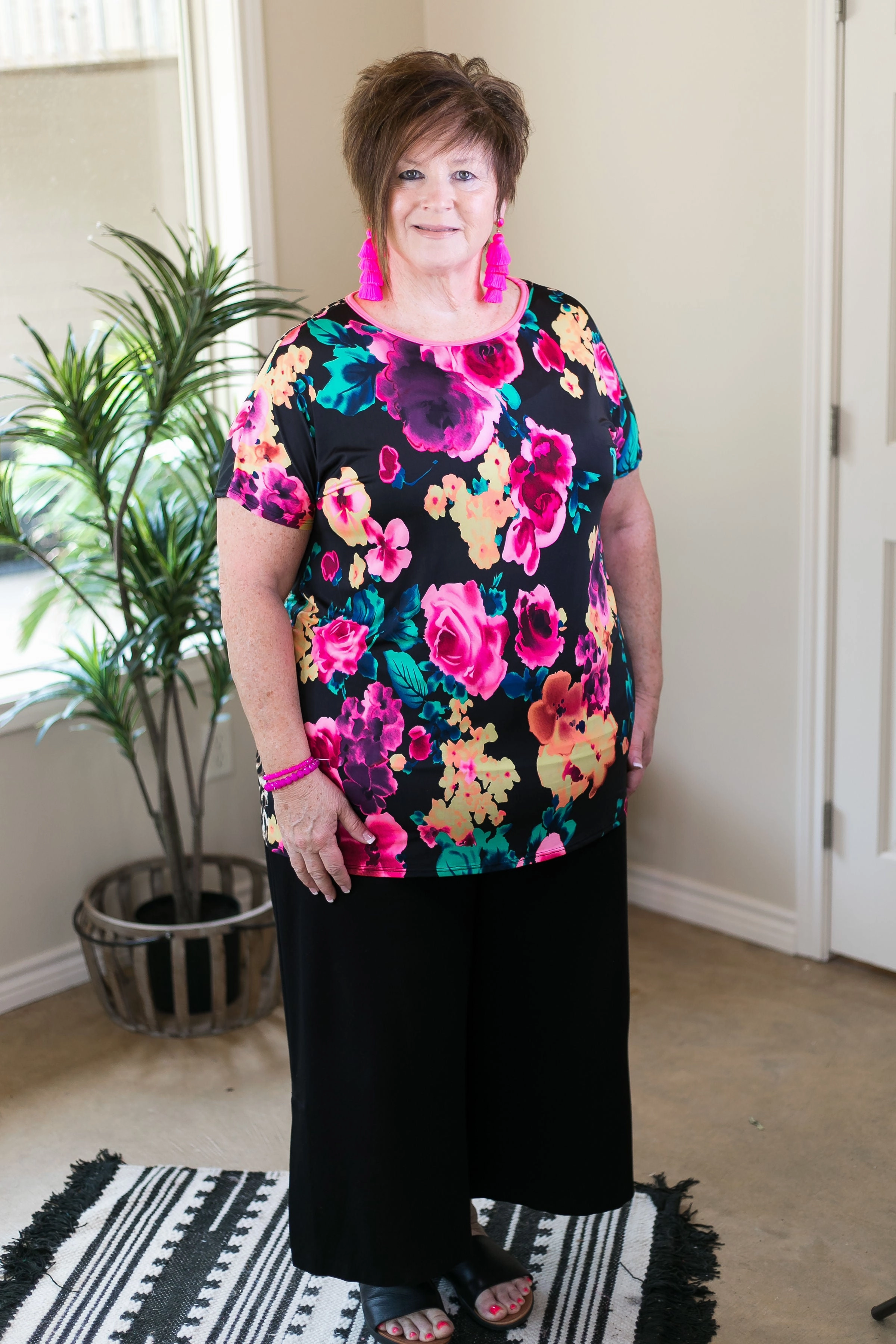 Stylish Dress Sustainable Wear Last Chance Size Small | Got Your Back Neon Floral Short Sleeve Top with Leopard Print Open Back