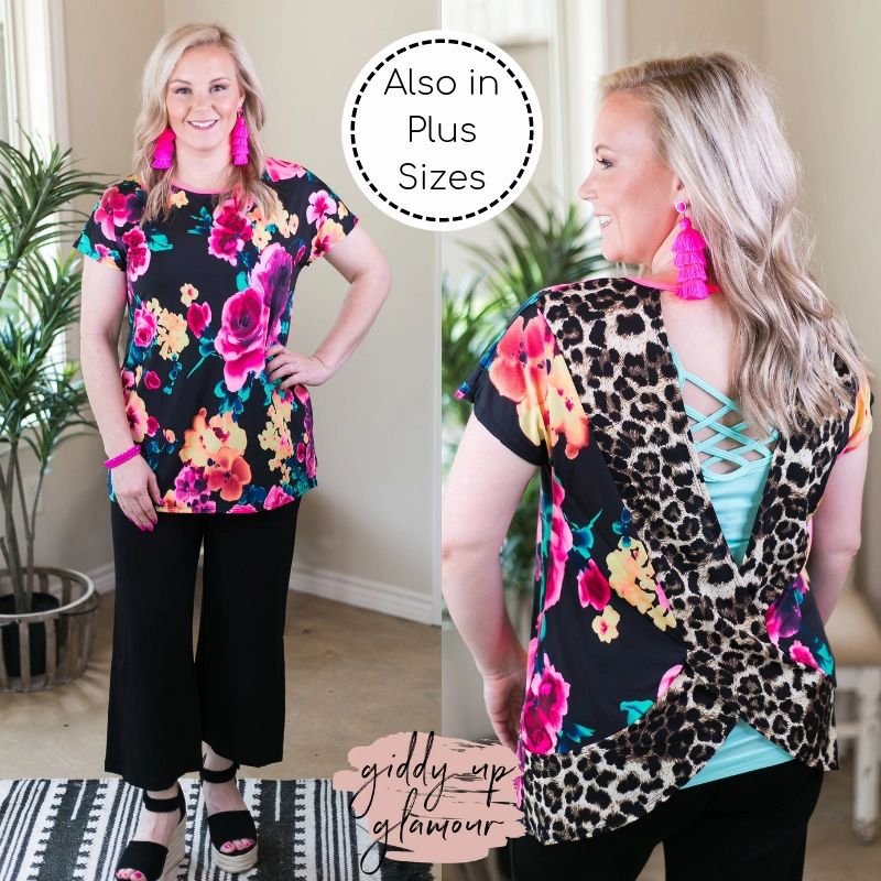 Last Chance Size Small | Got Your Back Neon Floral Short Sleeve Top with Leopard Print Open Back Layering Wear Train Ease