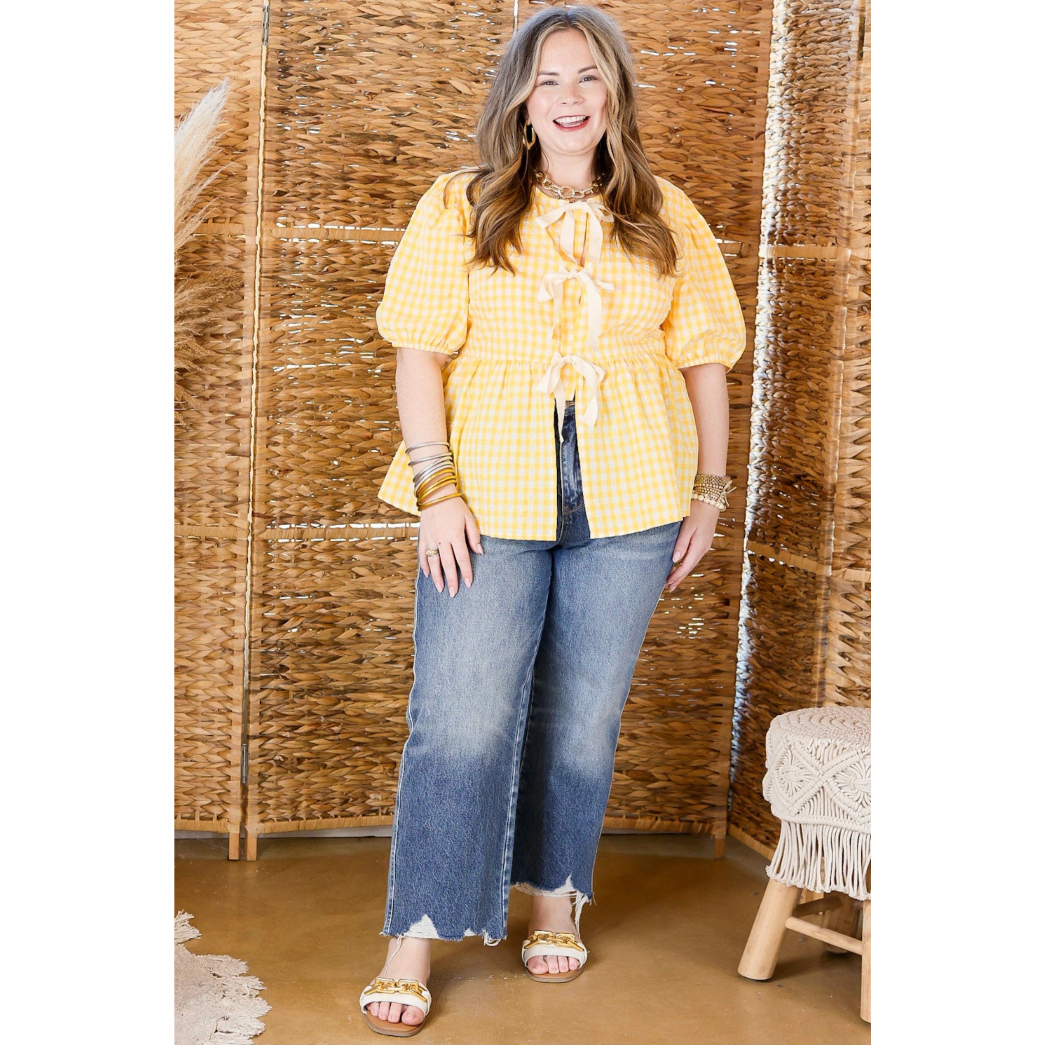 Everyday Wear Unisex wear Springtime Sweetheart Gingham Print Short Puff Sleeve Top with Front Ties in Yellow