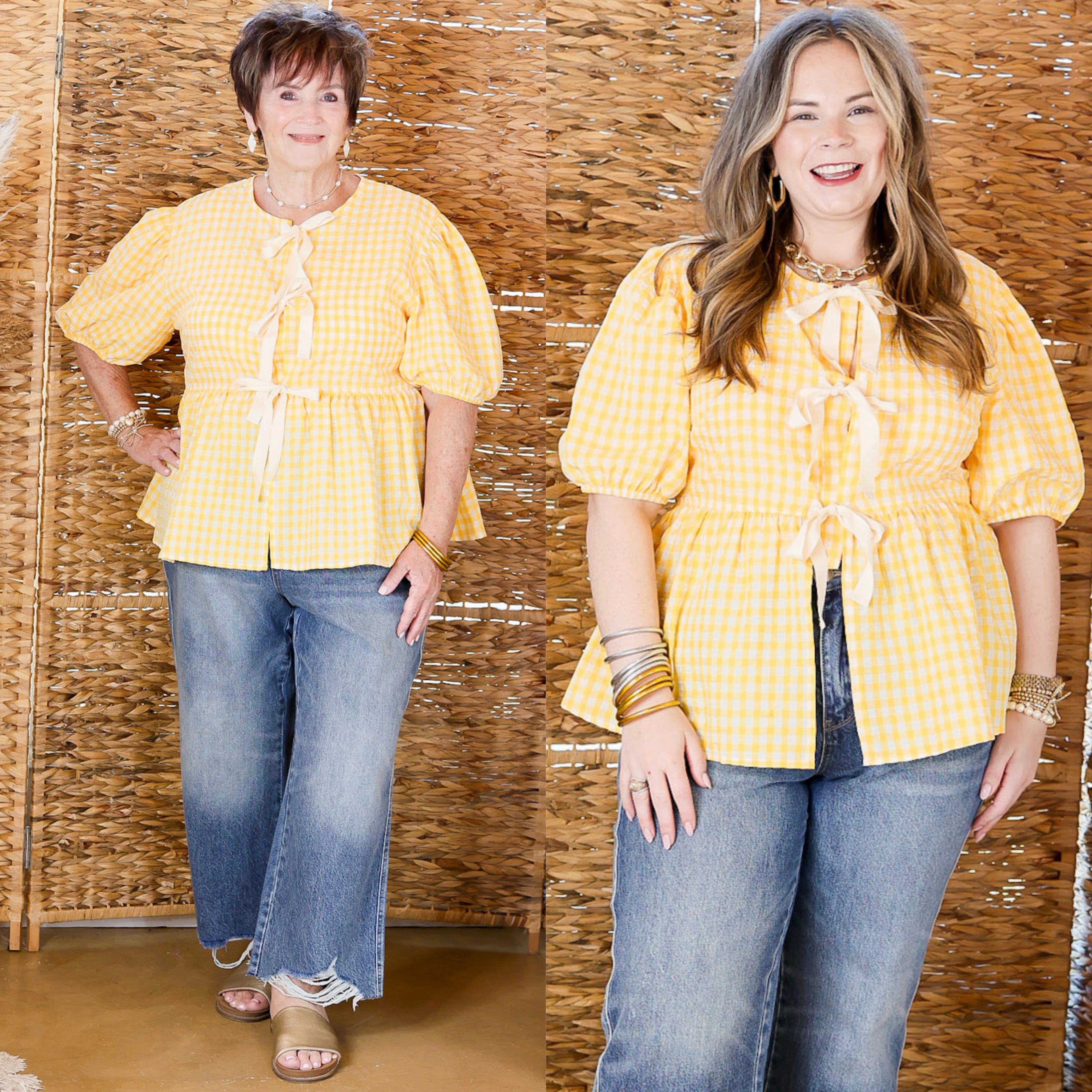 Springtime Sweetheart Gingham Print Short Puff Sleeve Top with Front Ties in Yellow Indoor Comfort