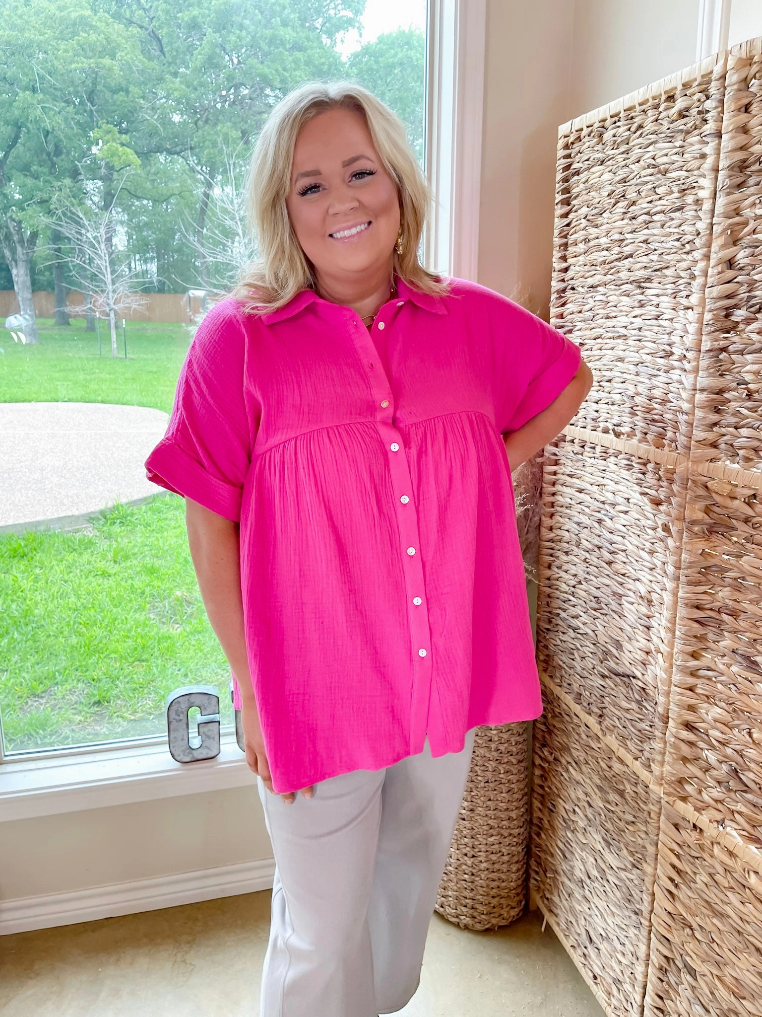 Comfortable Outfit Mellow Mood Collared Button Up Babydoll Top in Hot Pink